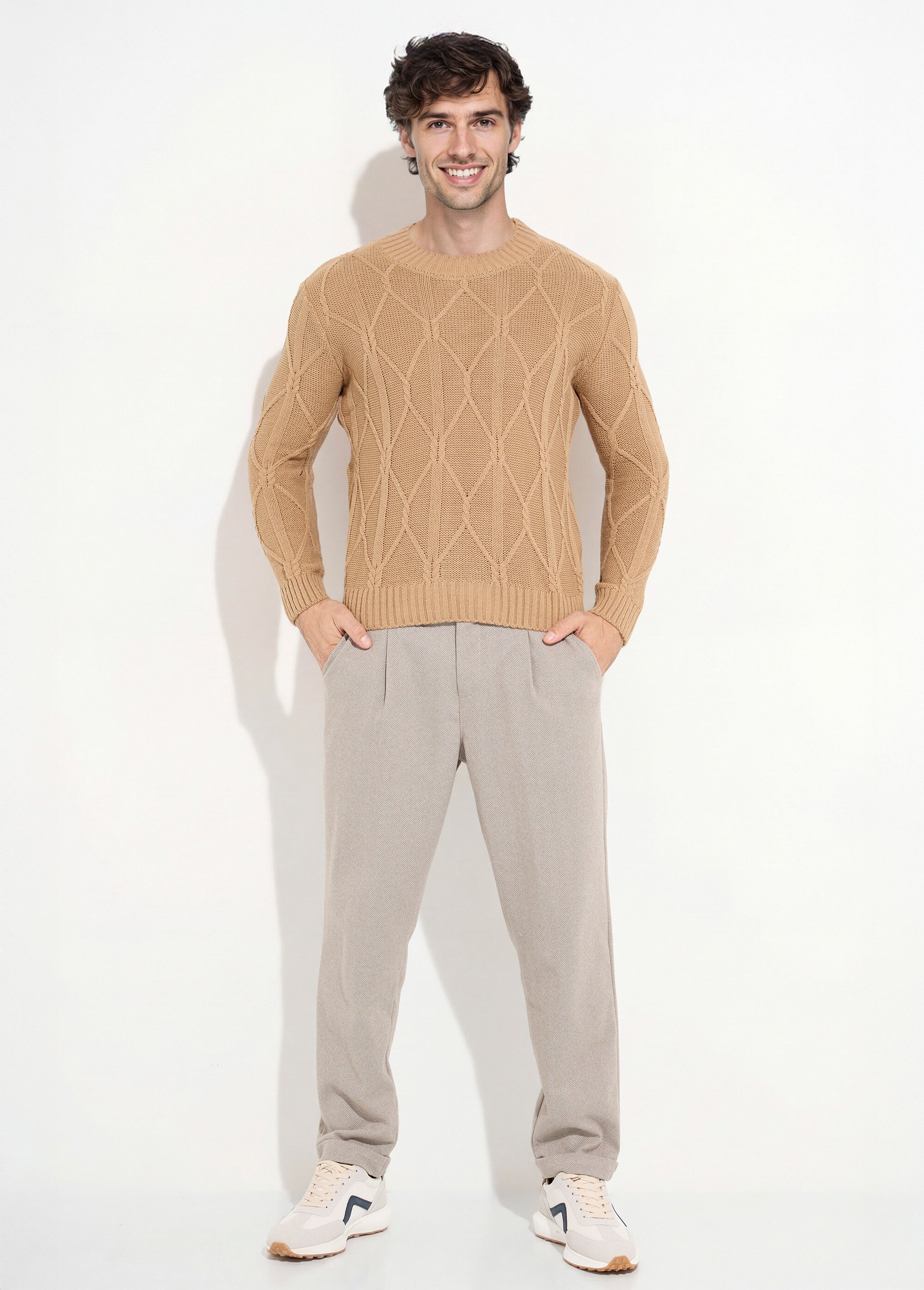 Pull irlandais torsadé chaud avec laine Homme Marron DYL2124 SF1