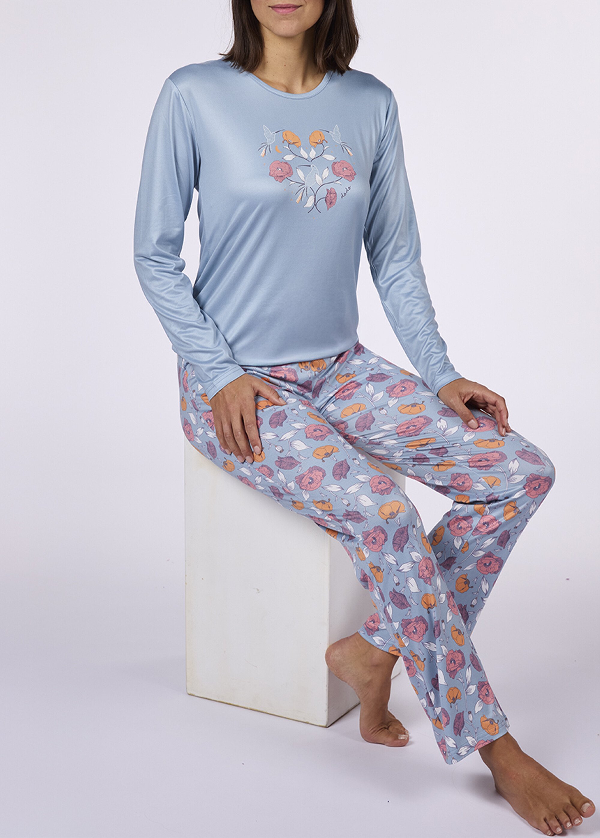 Pyjama long 2 pièces thème coquelicots Femme Bleu CTMDF.PARFU.PY MV1