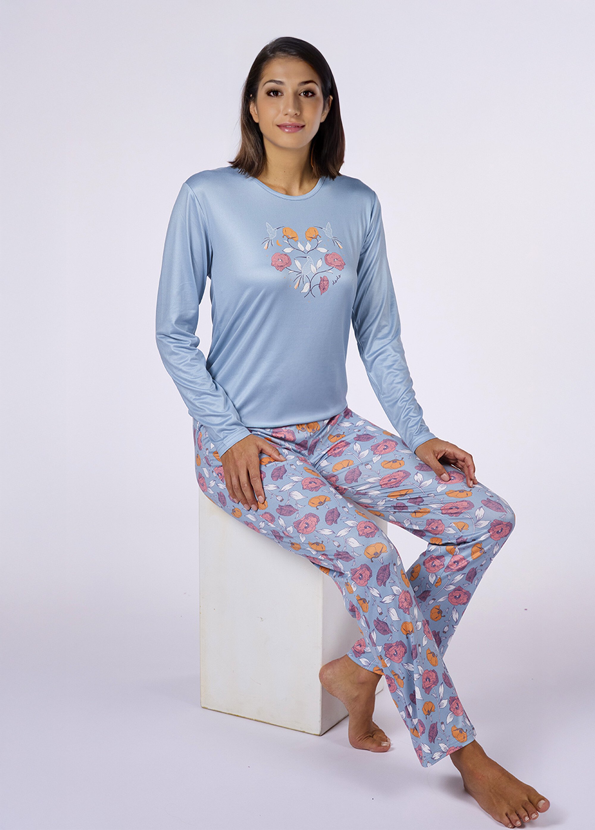Pyjama long 2 pièces thème coquelicots Femme Bleu CTMDF.PARFU.PY MV1