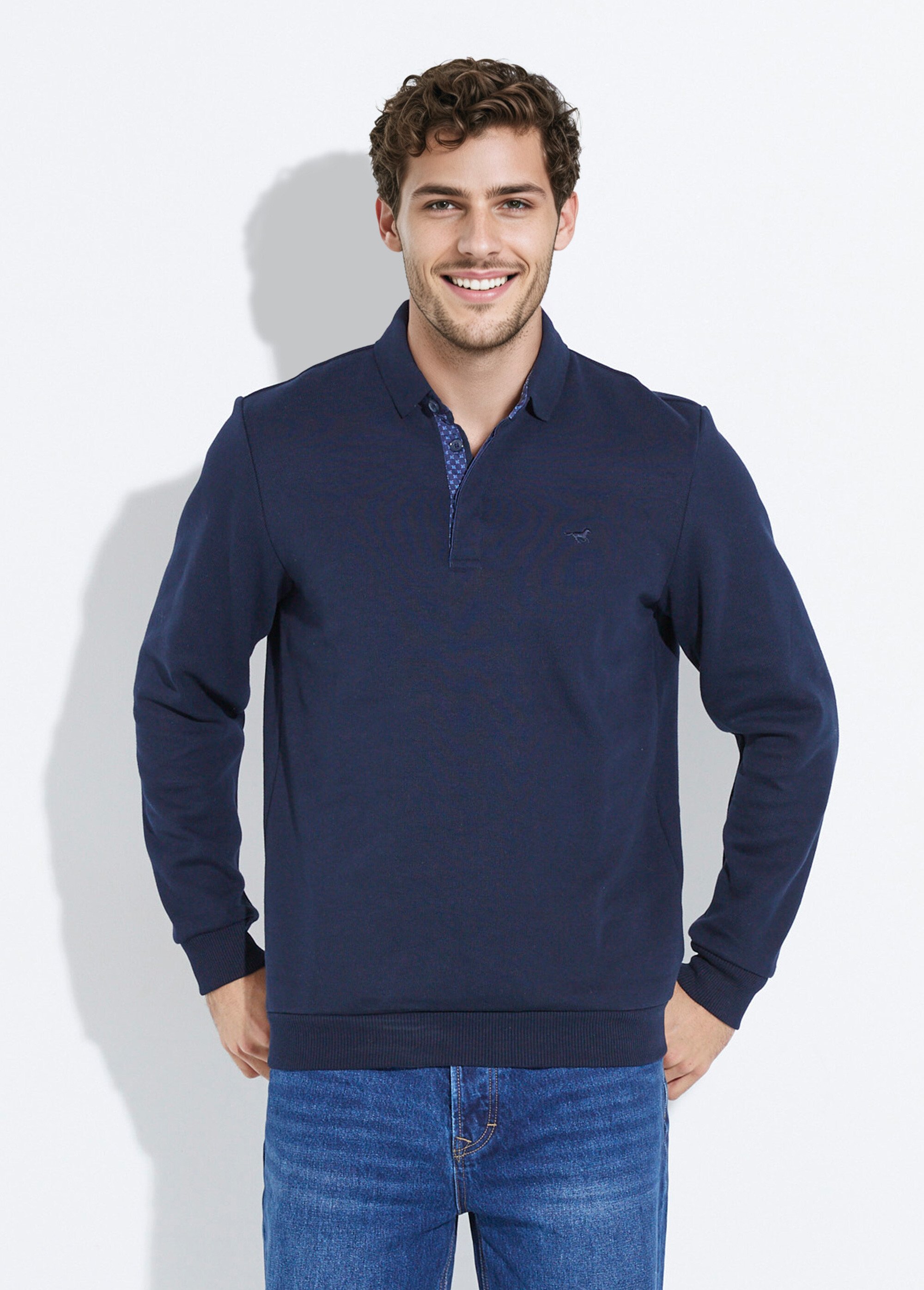 Sweat col polo, intérieur molletonné Bleu STI22911 FA1