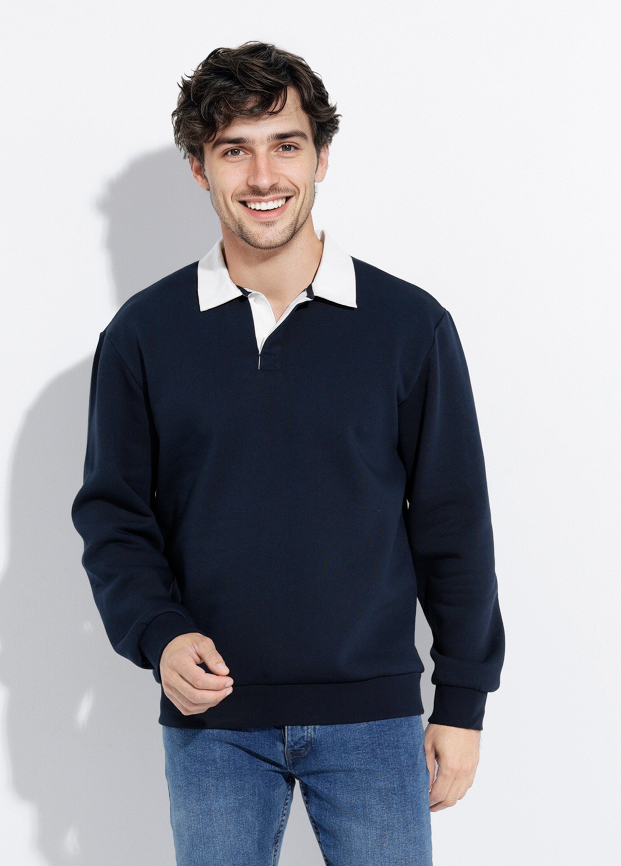 Sweat shirt avec col polo contrasté Bleu MAX6538 FA1
