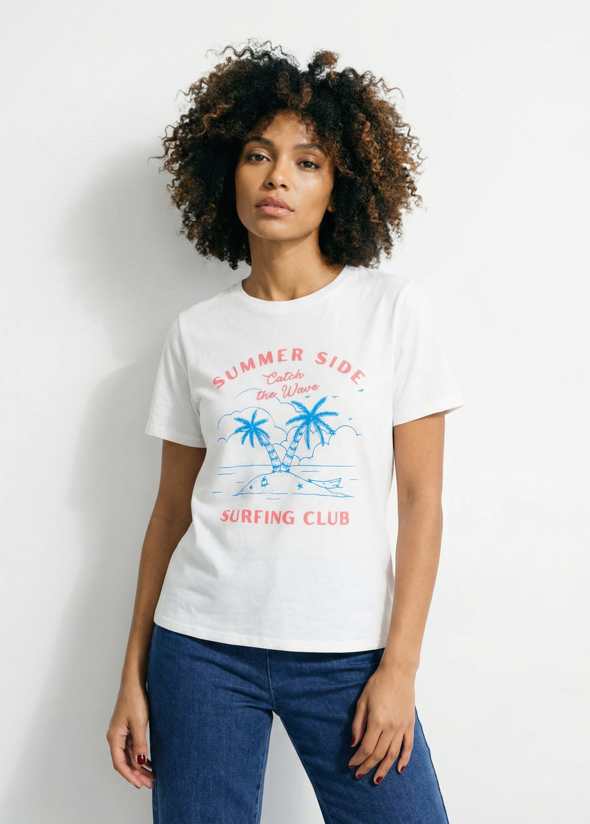 T-shirt blanc, sérigraphie Surfing Club Femme Blanc IA-M1305 FA1