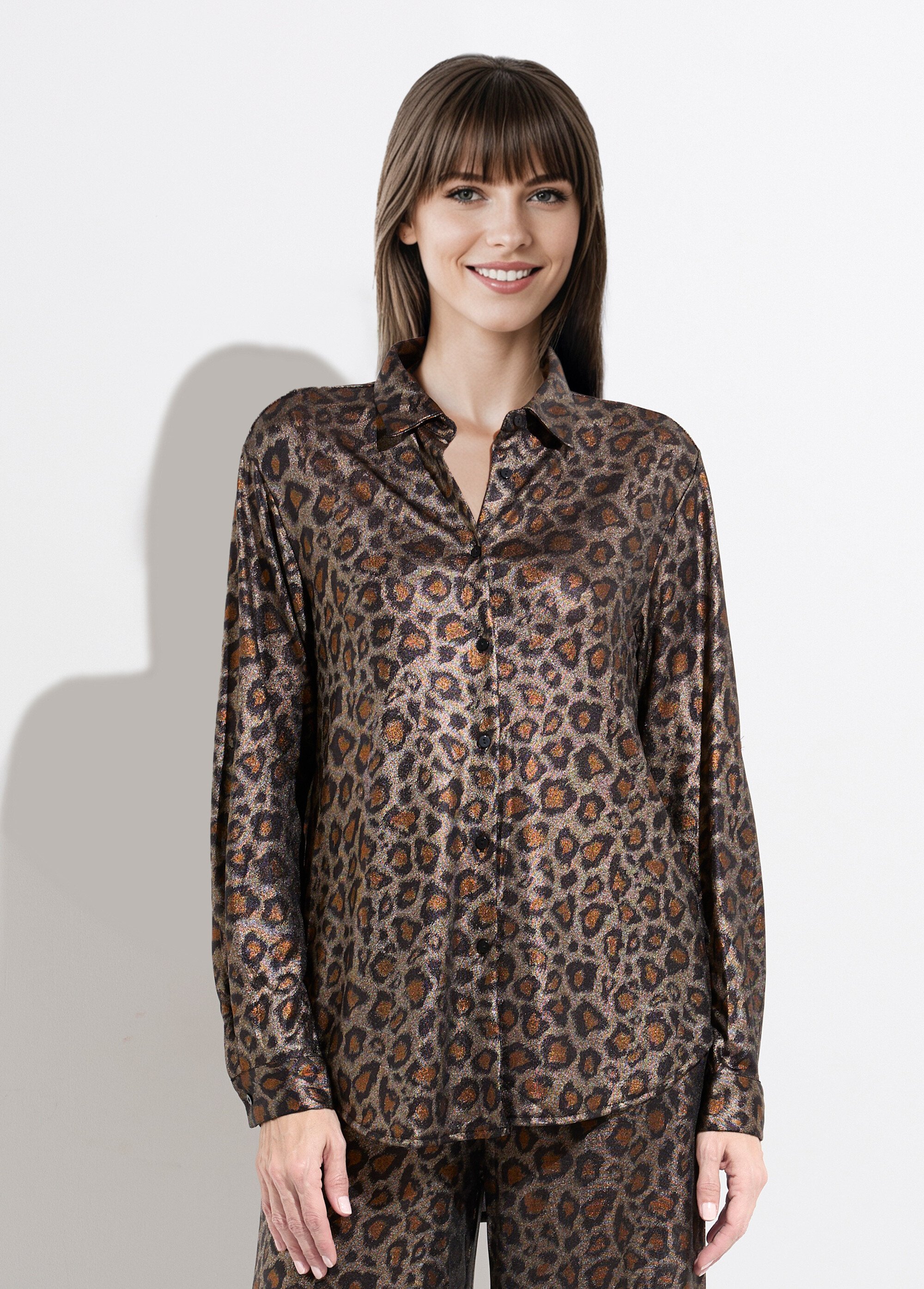 Chemise maille souple léopard métallisé Femme Marron JS-CH2677 FA1