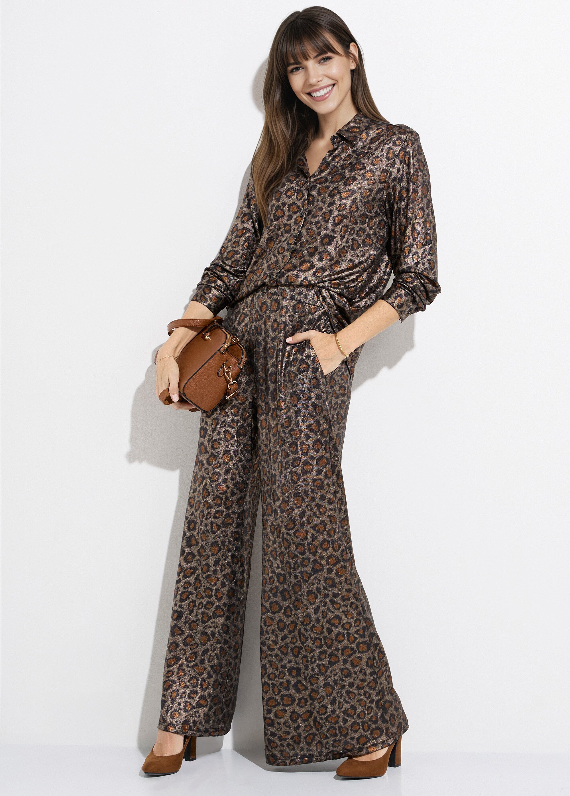 Chemise maille souple léopard métallisé Femme Marron JS-CH2677 SI1