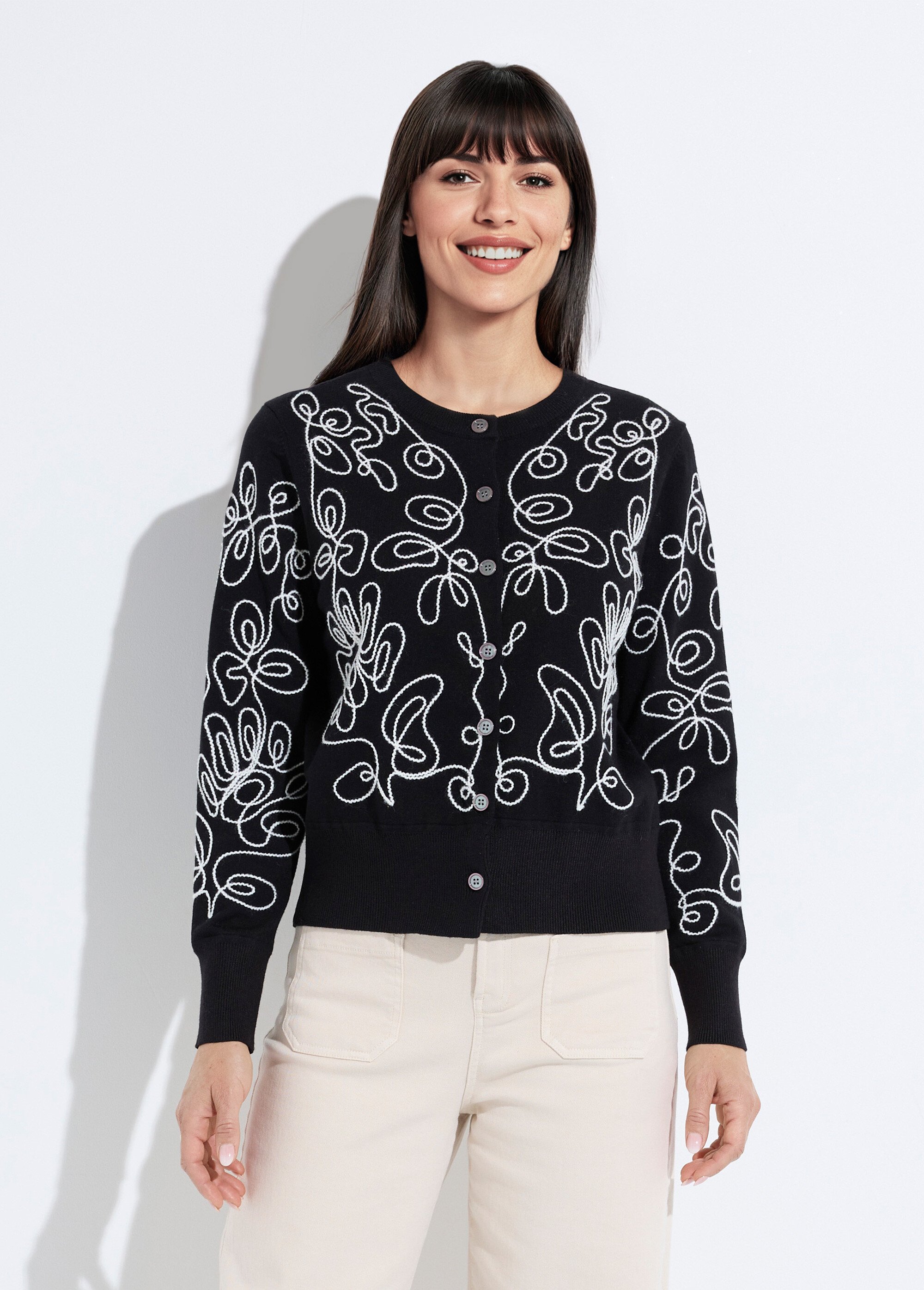 Gilet cardigan boutonné court brodé Femme Noir PAGA FA1