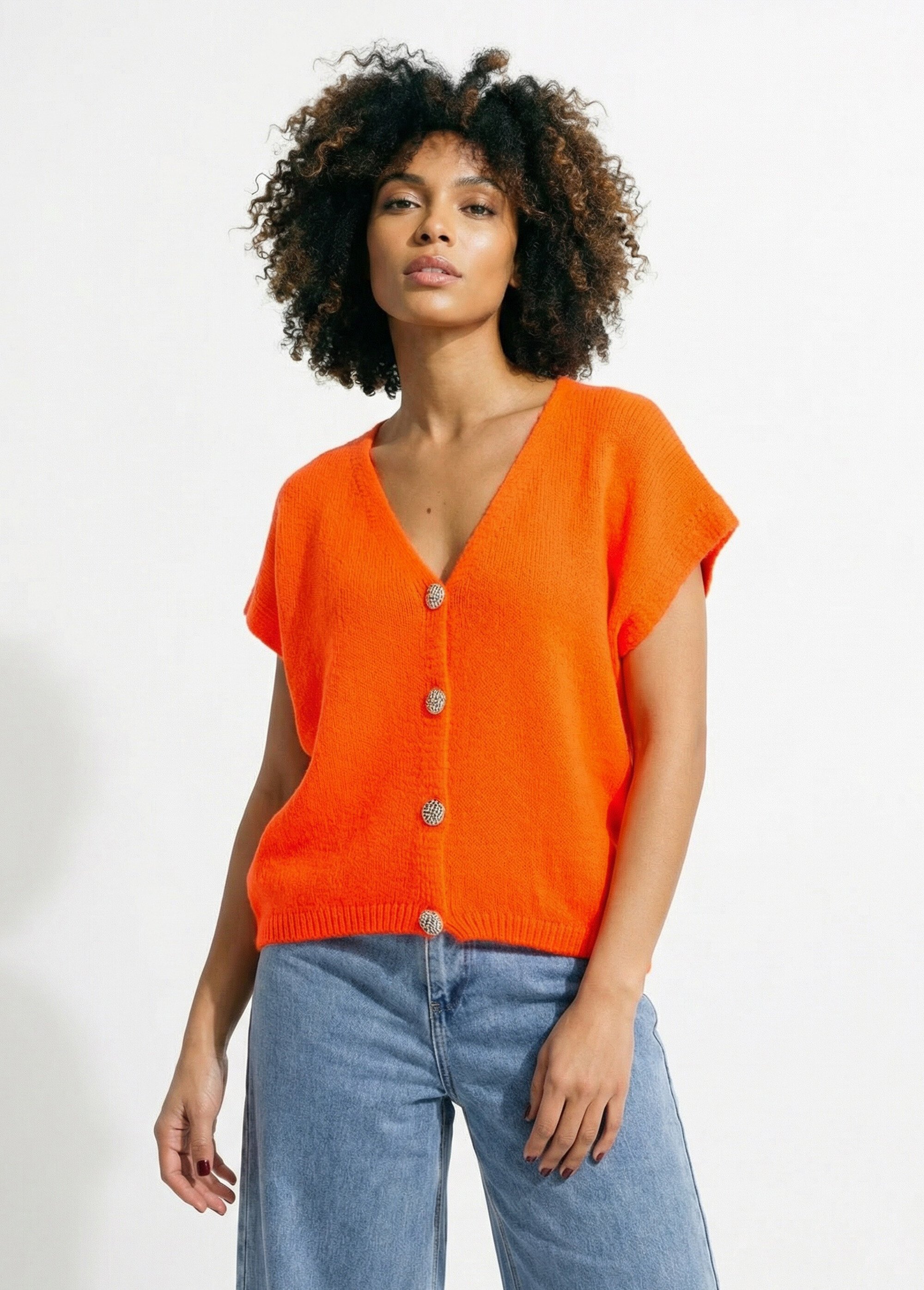 Gilet manches courtes boutons métallisés Femme Orange AMI-12251 FA1