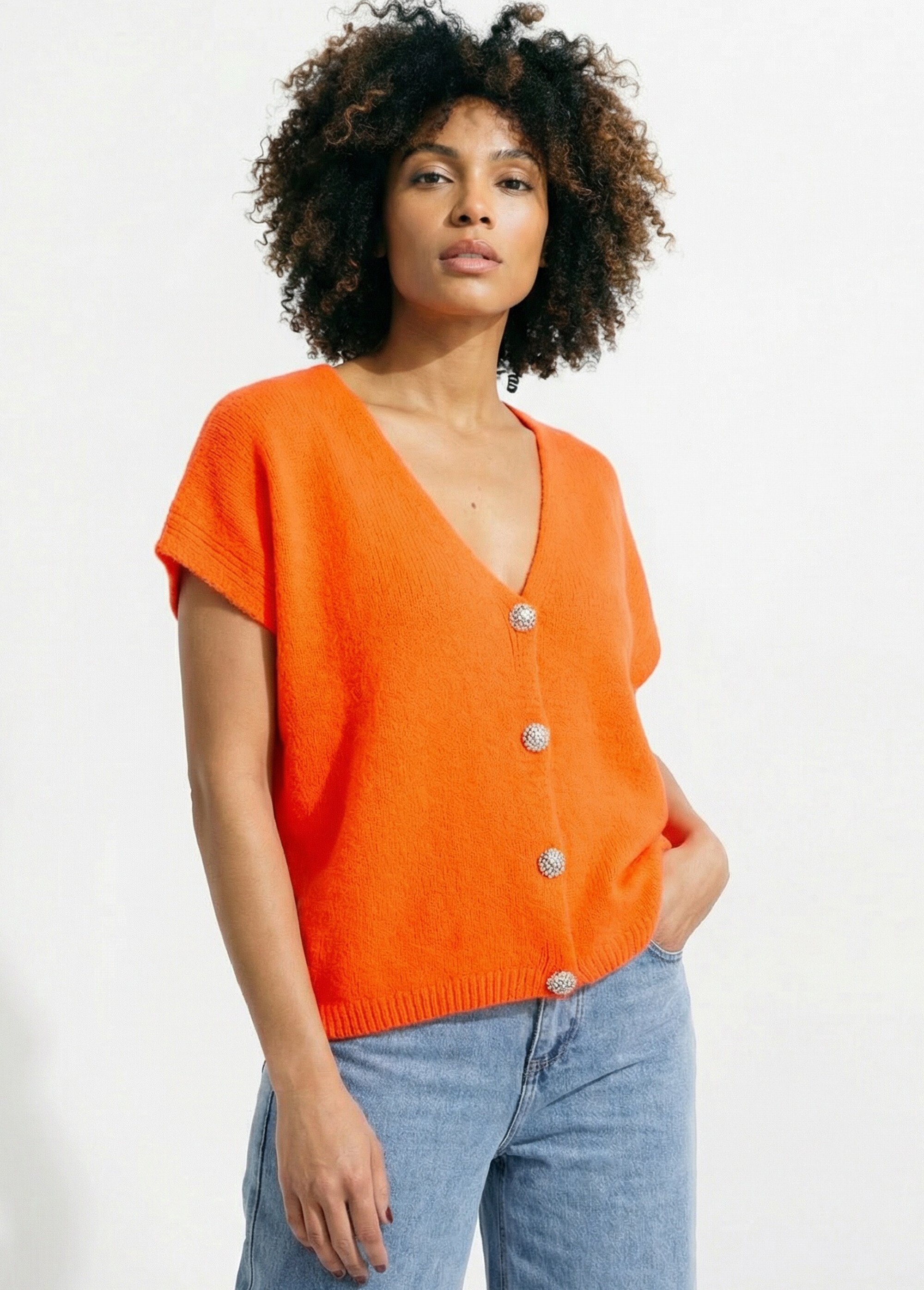 Gilet manches courtes boutons métallisés Femme Orange AMI-12251 MV1