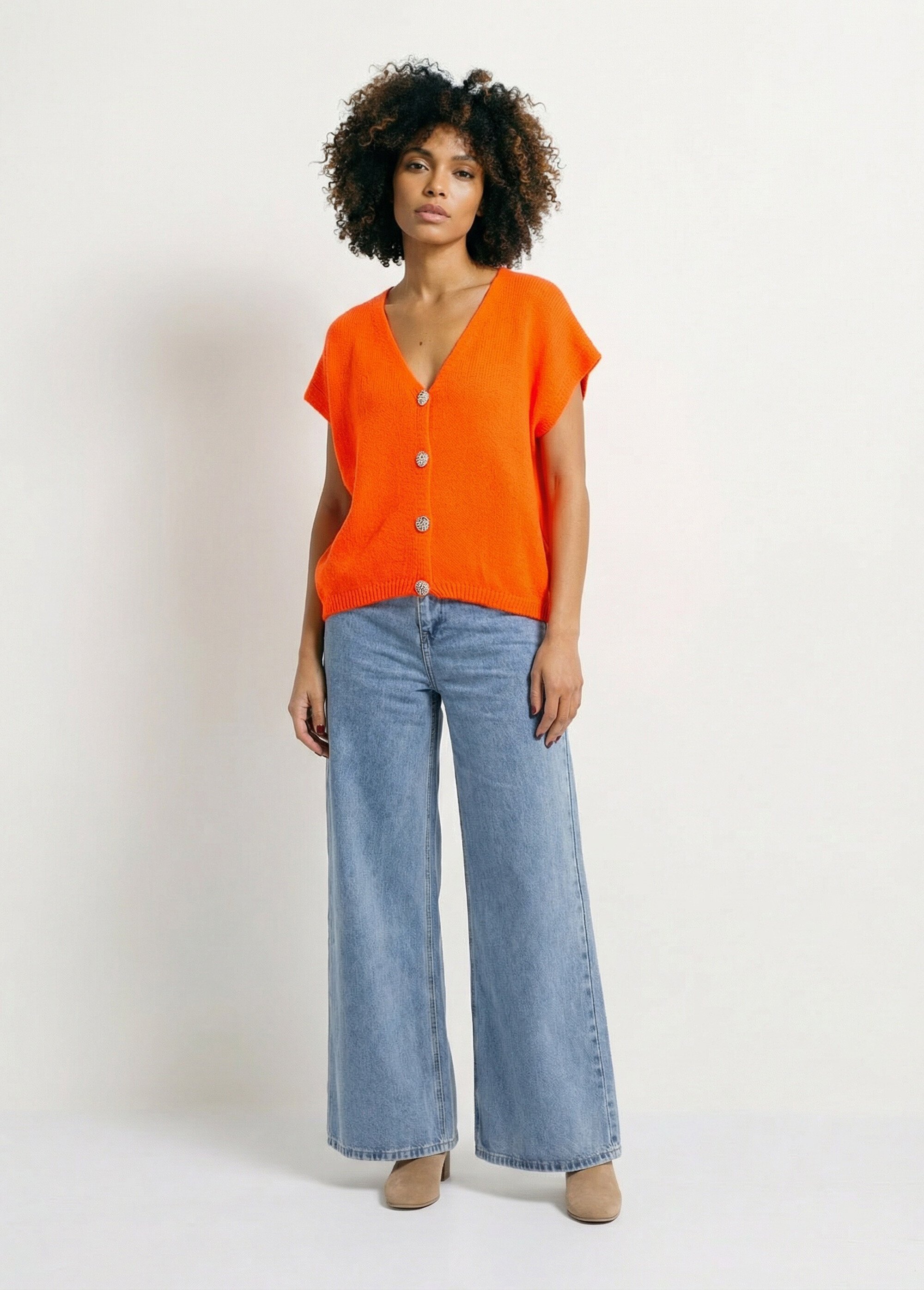 Gilet manches courtes boutons métallisés Femme Orange AMI-12251 SF1