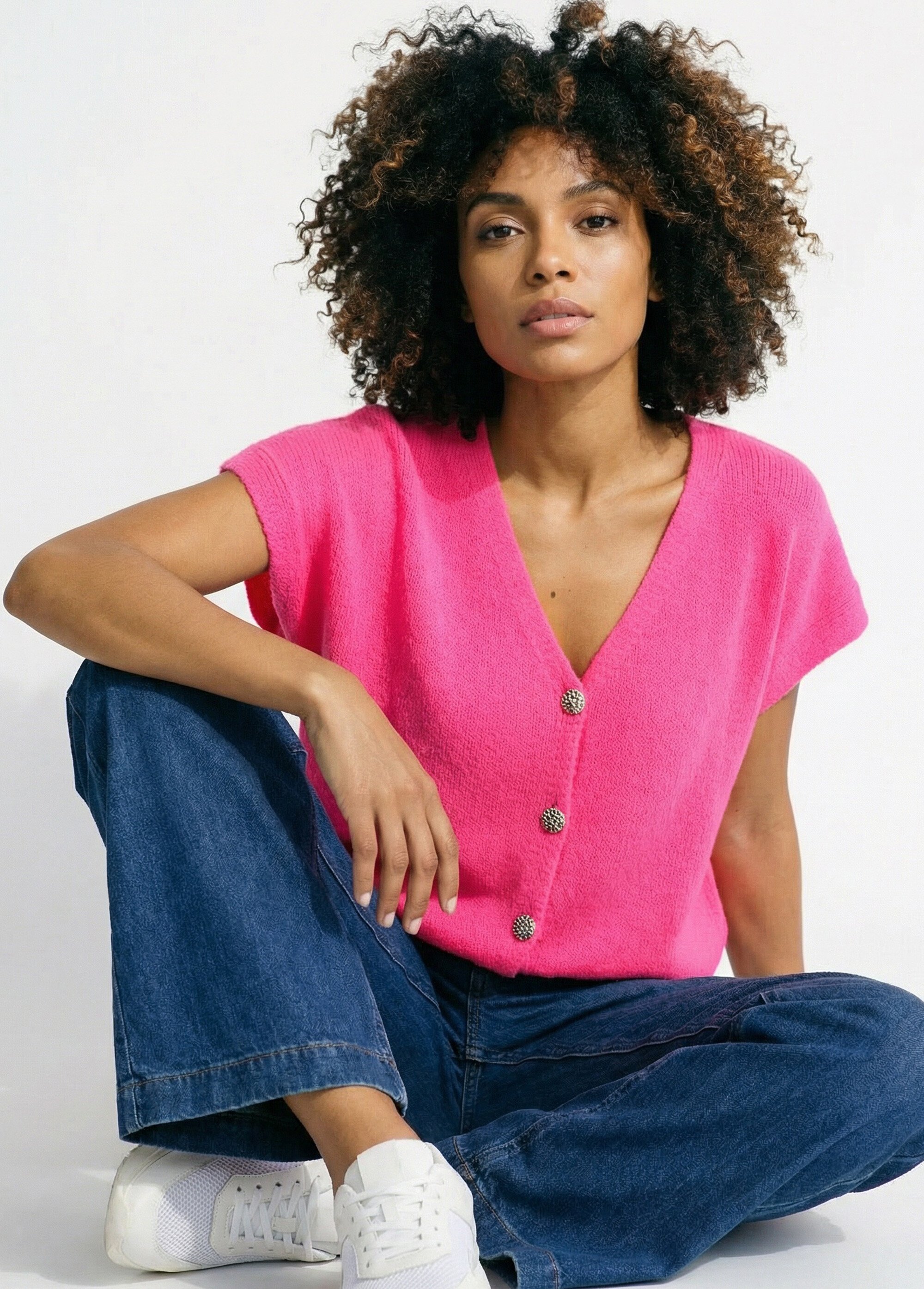 Gilet manches courtes boutons métallisés Femme Rose AMI-12251 MV1