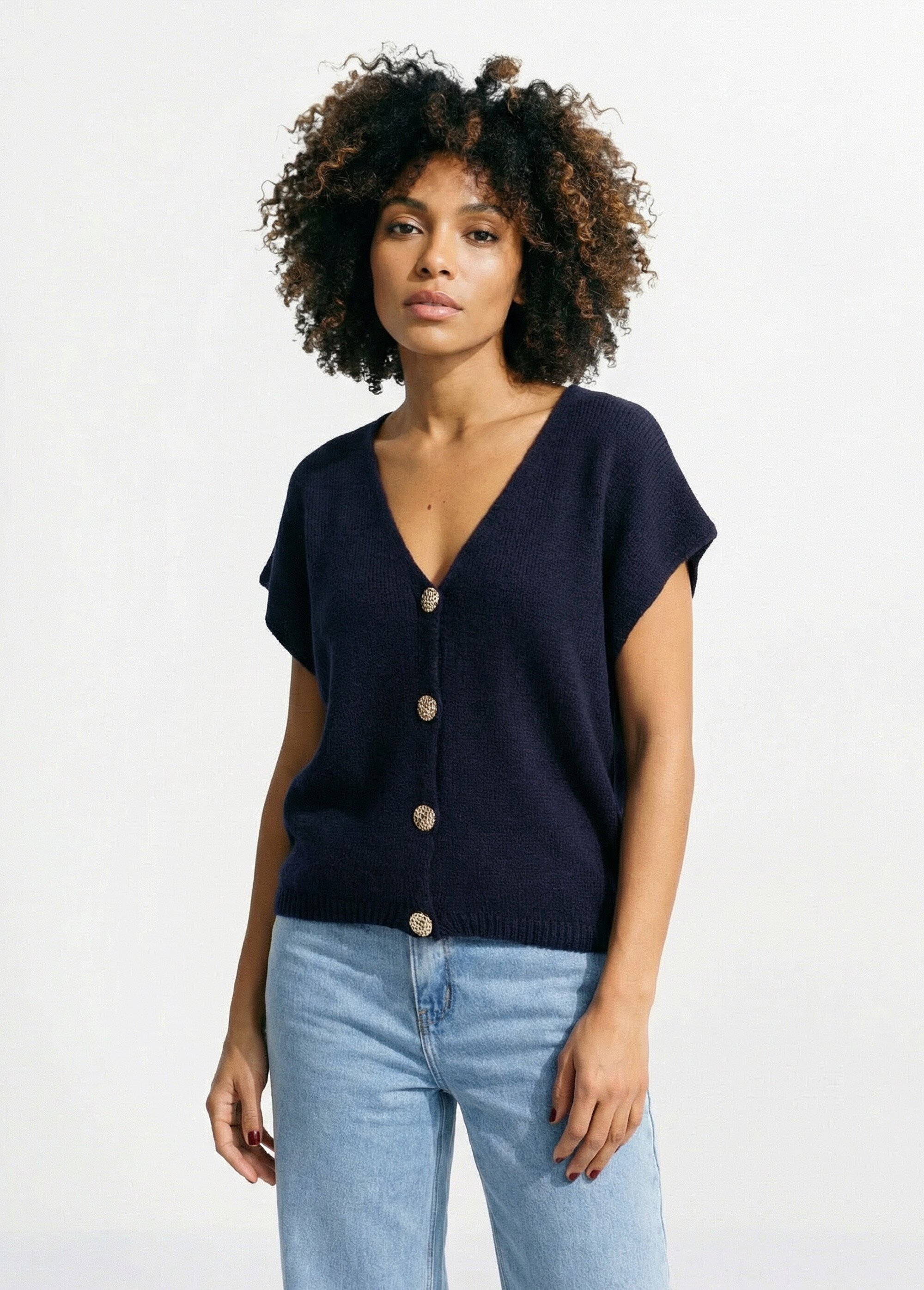 Gilet manches courtes boutons métallisés Femme Bleu AMI-12251 FA1