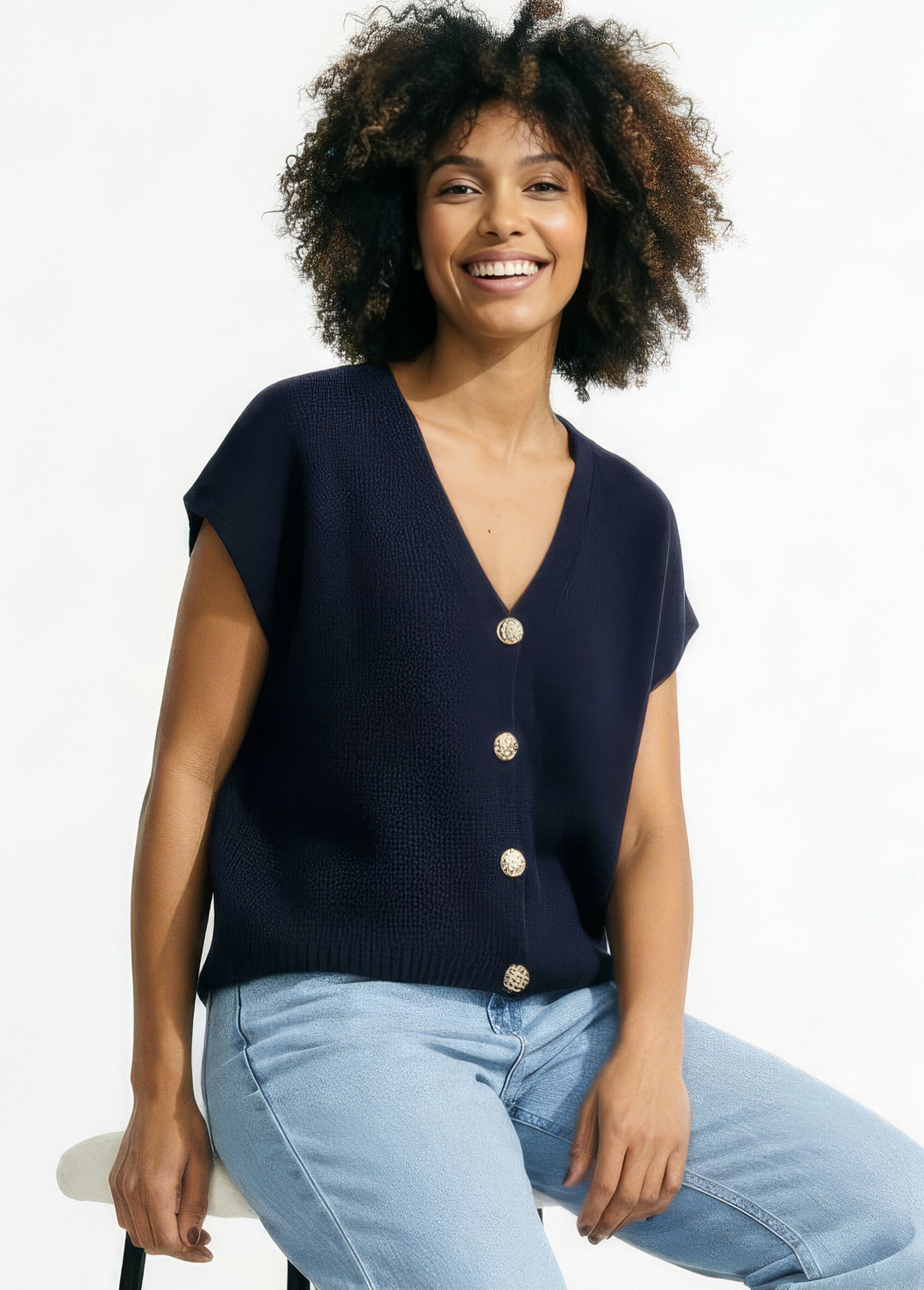 Gilet manches courtes boutons métallisés Femme Bleu AMI-12251 MV1