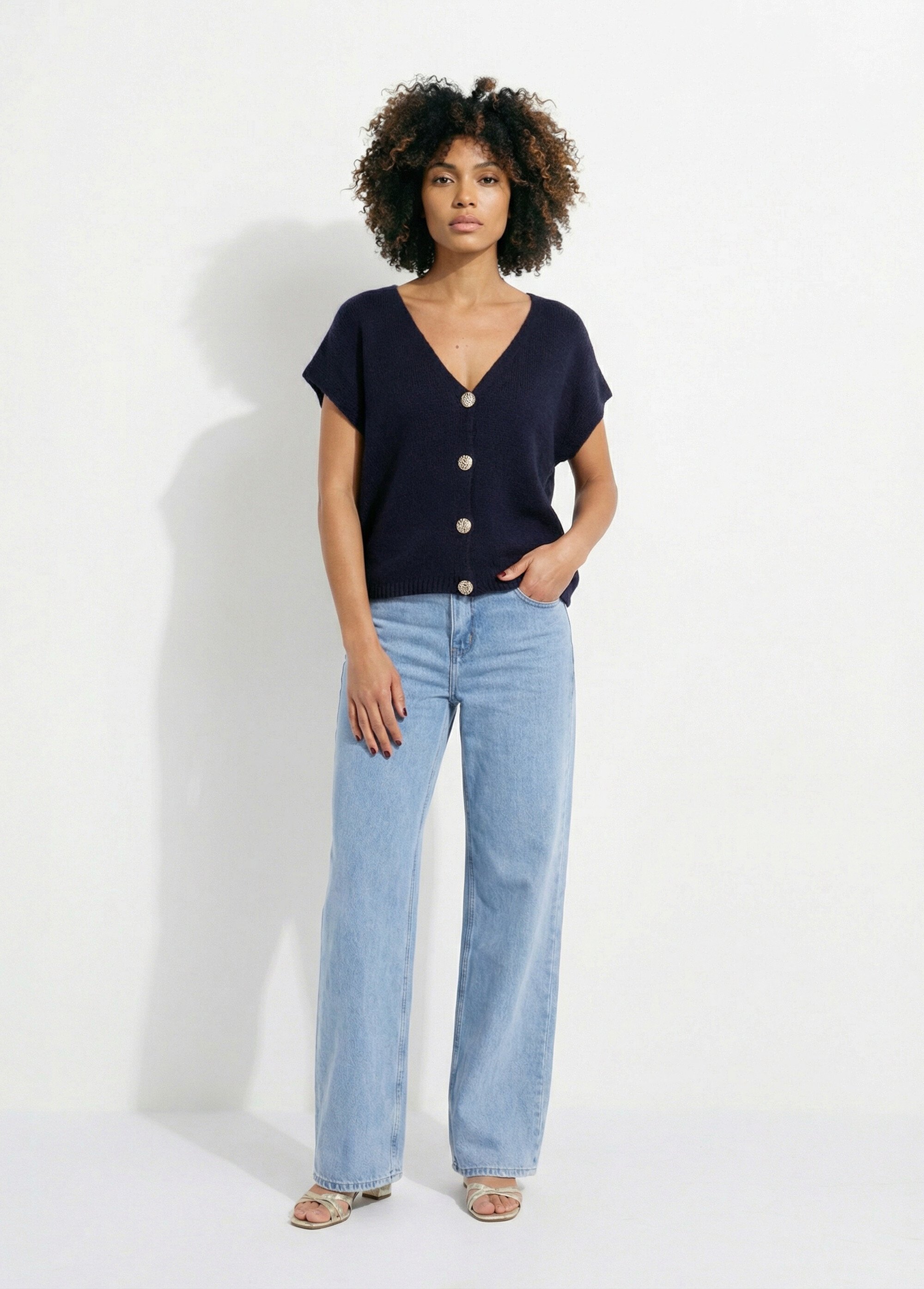 Gilet manches courtes boutons métallisés Femme Bleu AMI-12251 SF1