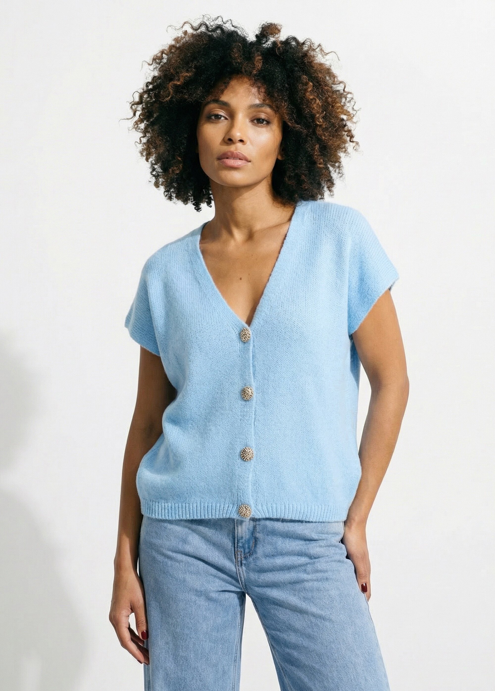 Gilet manches courtes boutons métallisés Femme Bleu AMI-12251 FA1