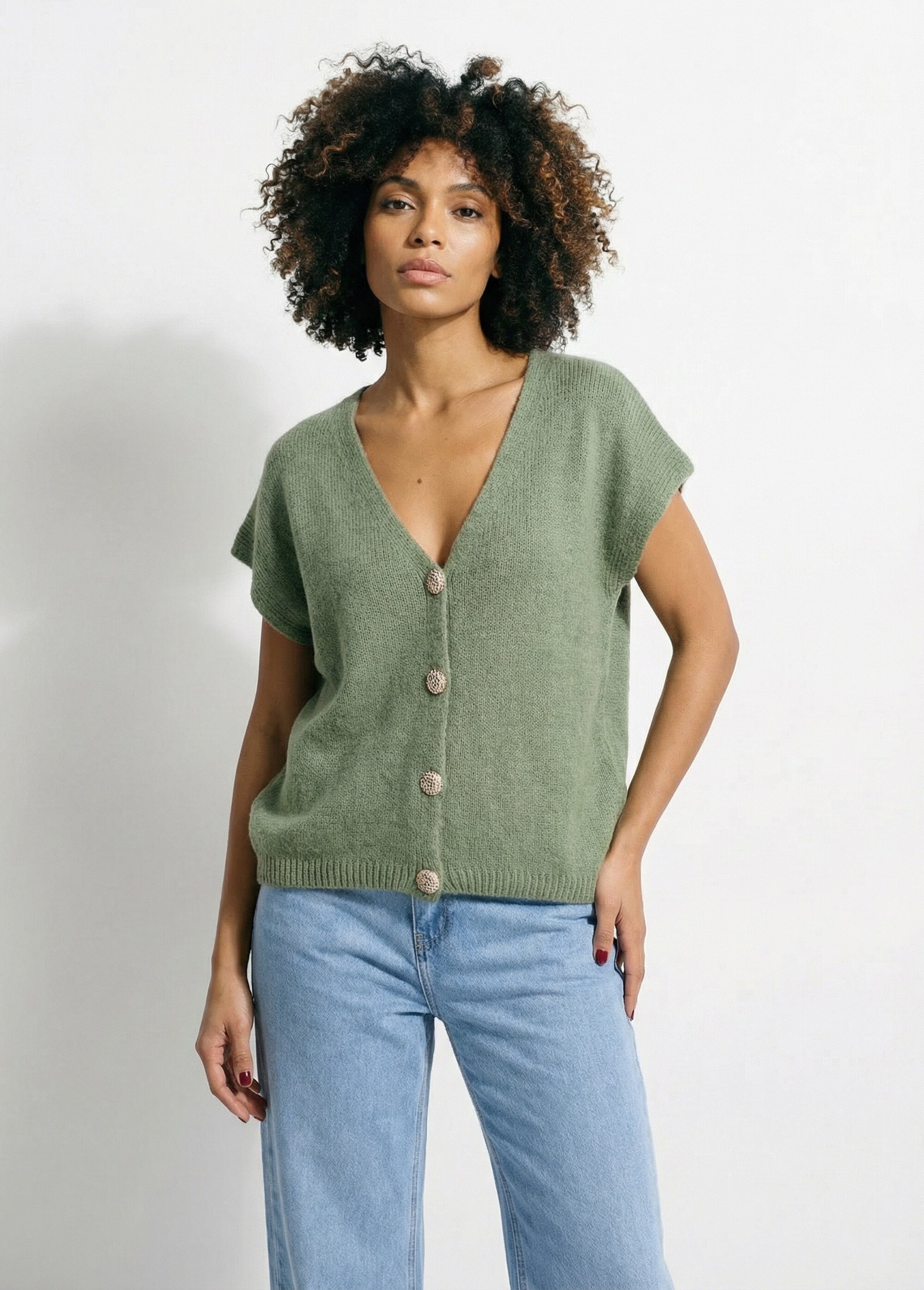 Gilet manches courtes boutons métallisés Femme Vert AMI-12251 FA1