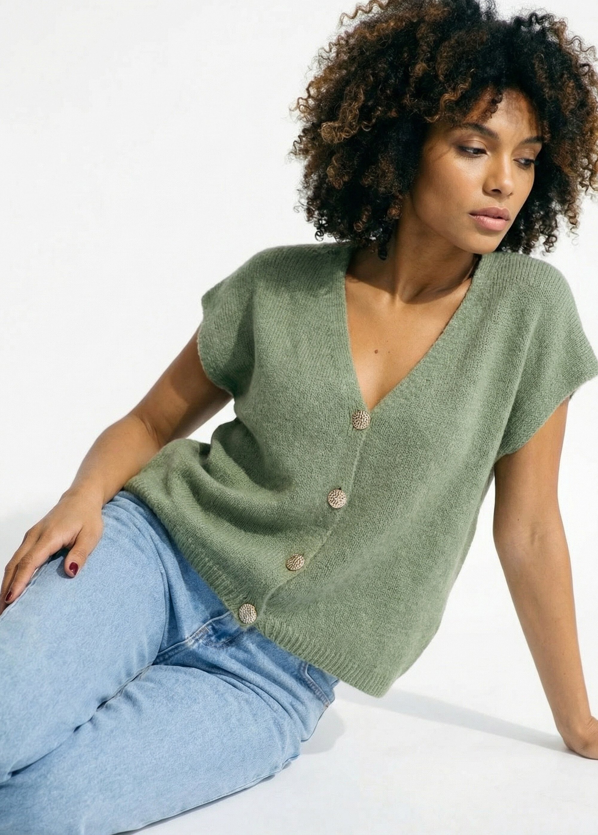 Gilet manches courtes boutons métallisés Femme Vert AMI-12251 MV1