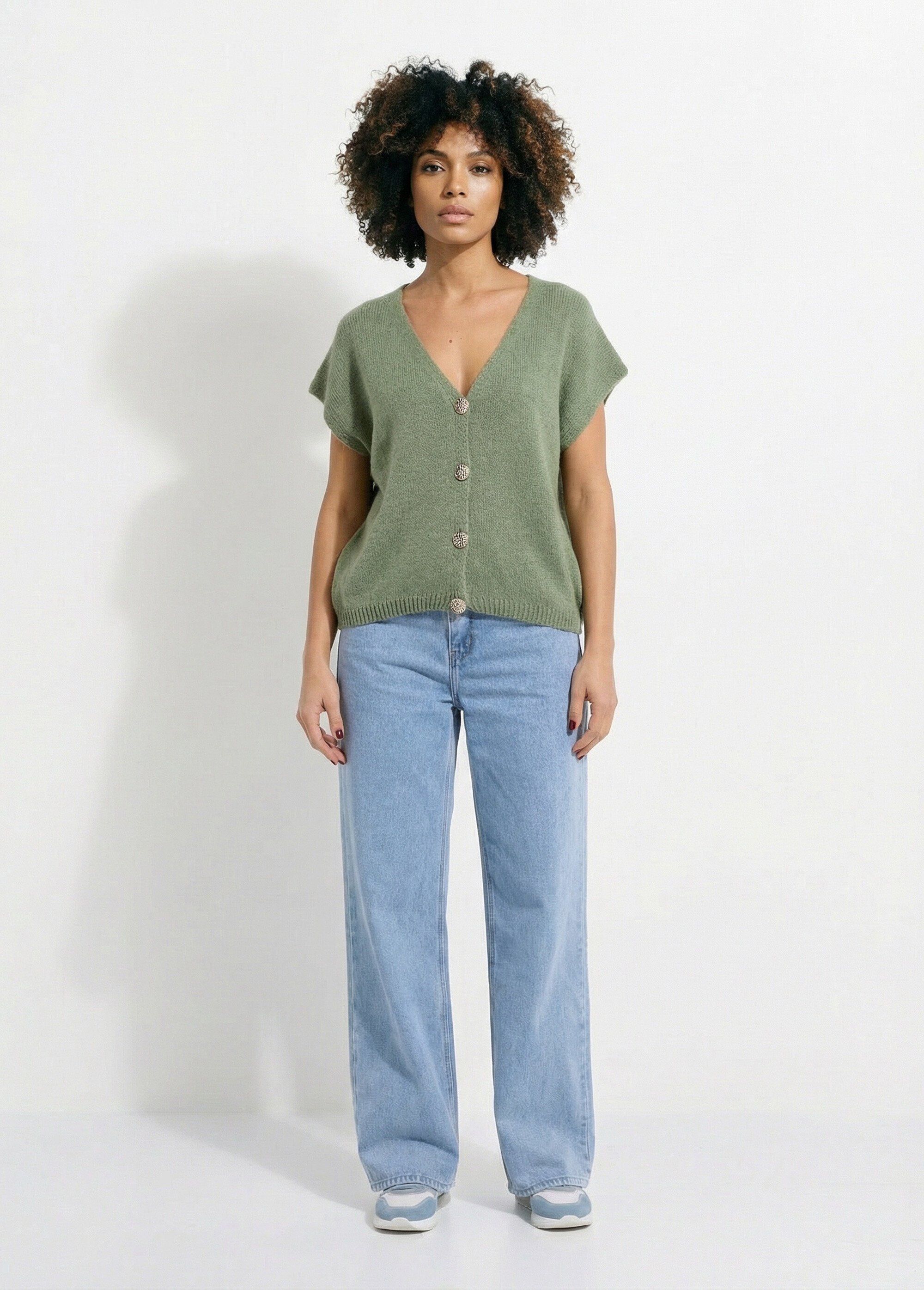 Gilet manches courtes boutons métallisés Femme Vert AMI-12251 SF1