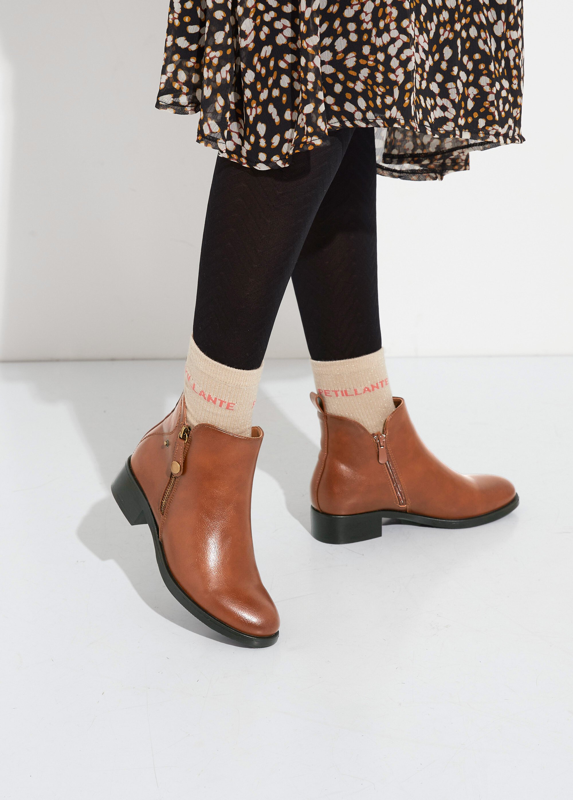 Low boots à talon large et zip déco Femme Marron JPTDF-5326 SF1