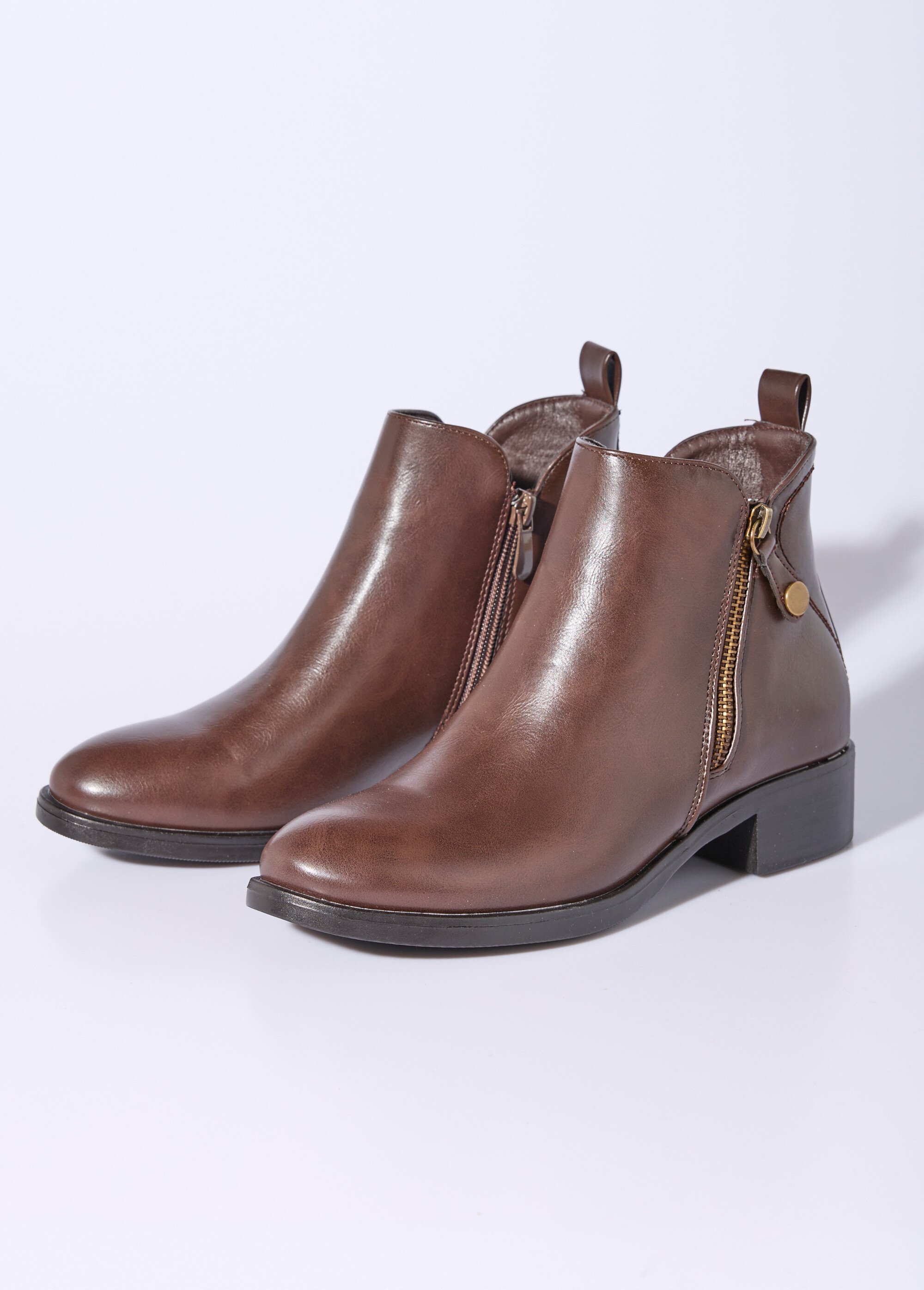 Low boots à talon large et zip déco Femme Marron JPTDF-5326 DE1
