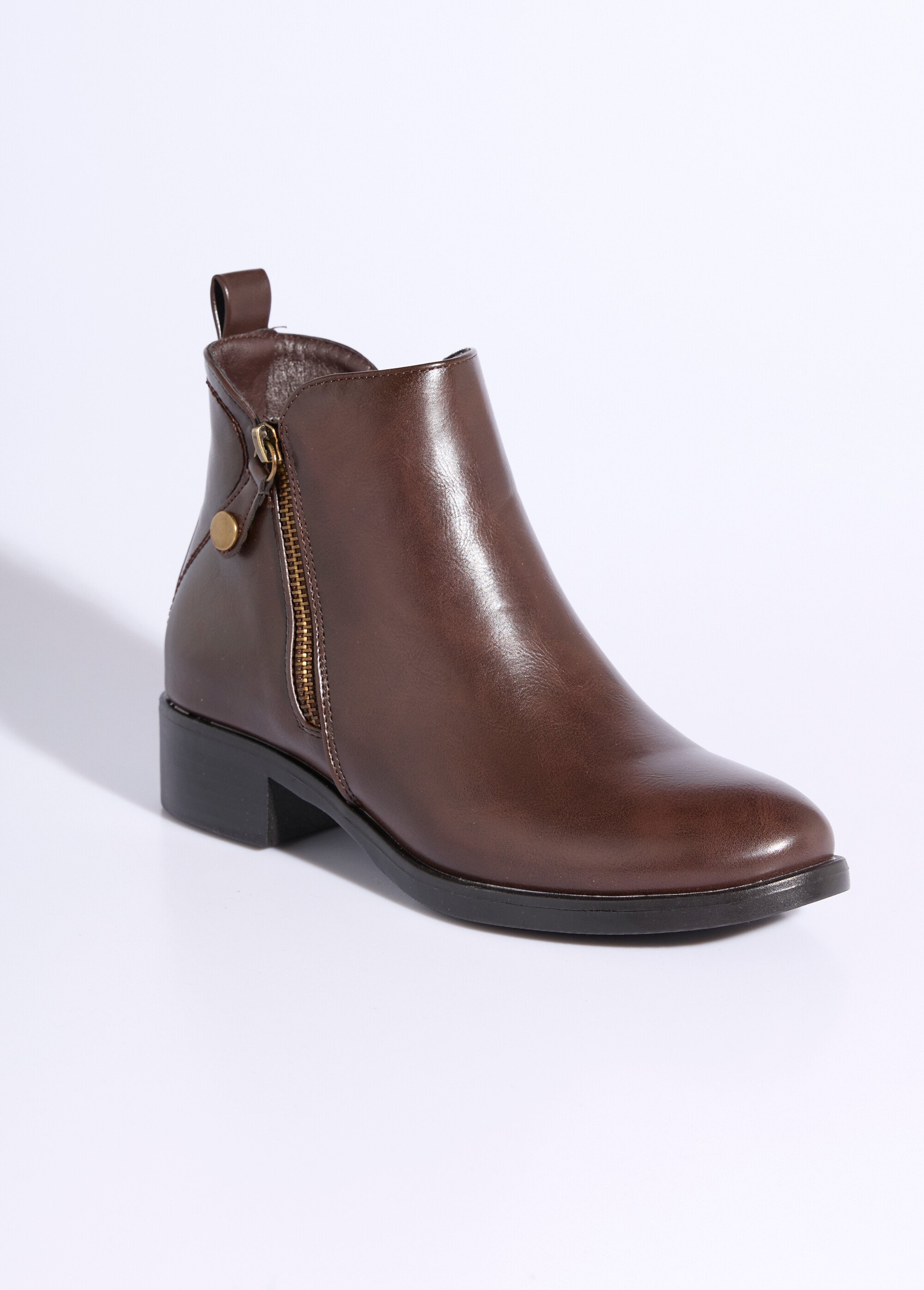Low boots à talon large et zip déco Femme Marron JPTDF-5326 FA1