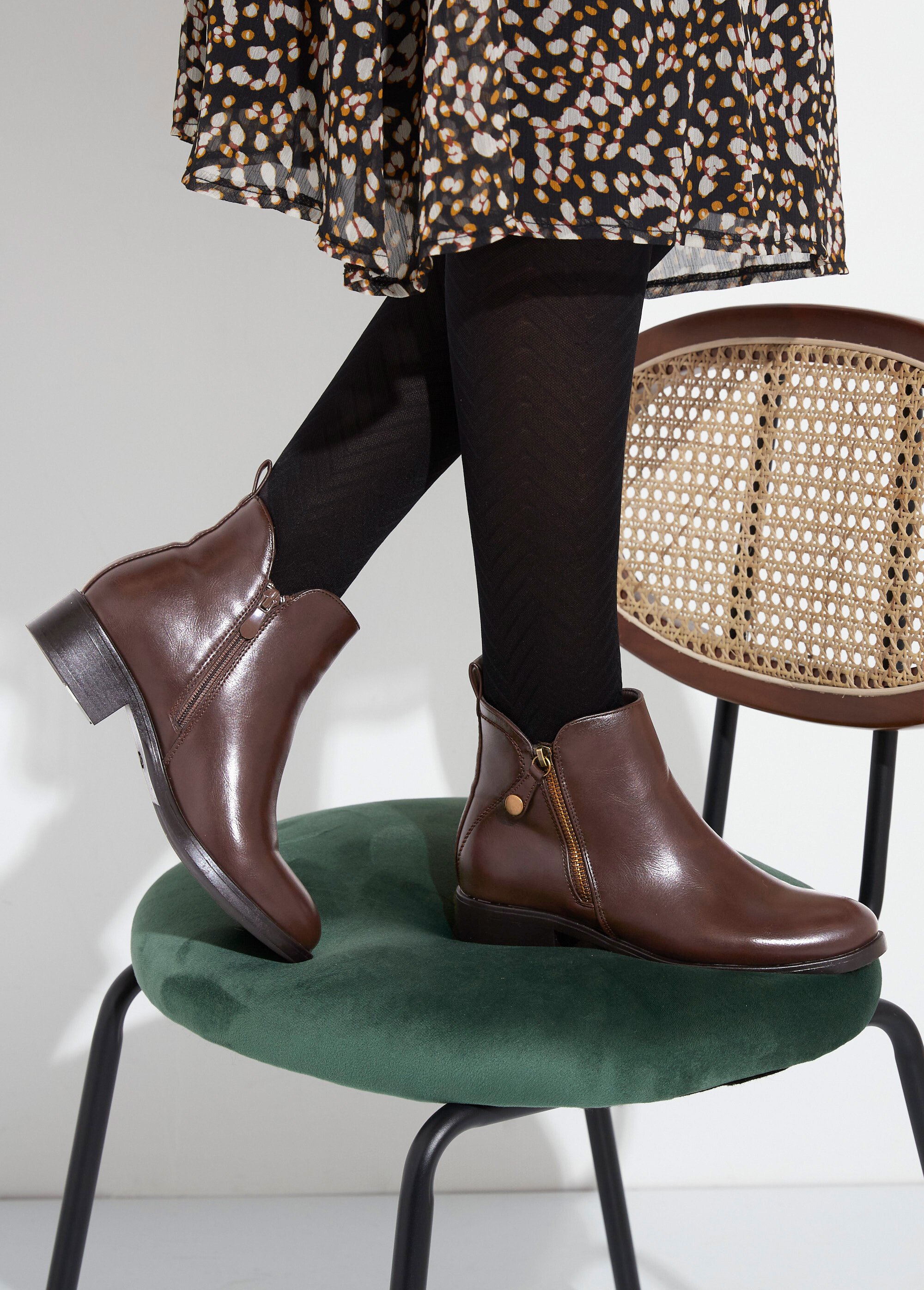 Low boots à talon large et zip déco Femme Marron JPTDF-5326 SF1