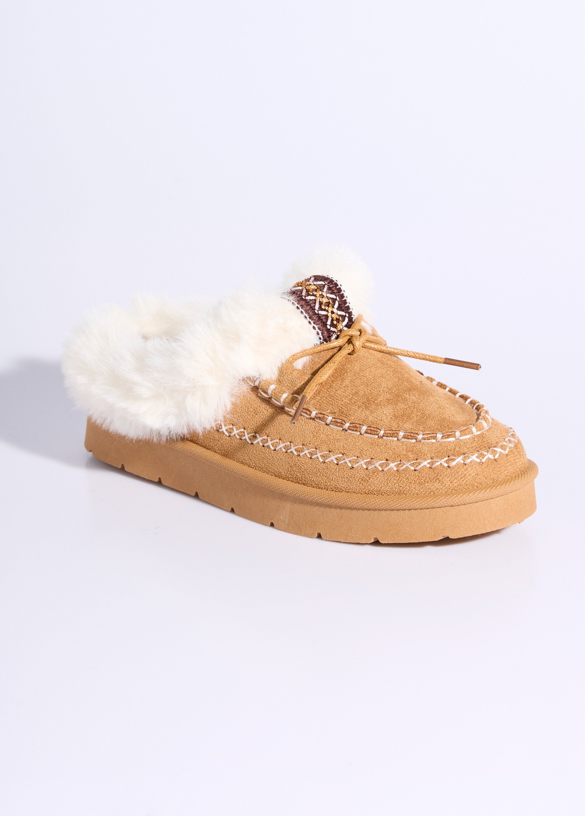 Mocassins indiens fourrure et galon Femme Marron JPTDF-5346 FA1