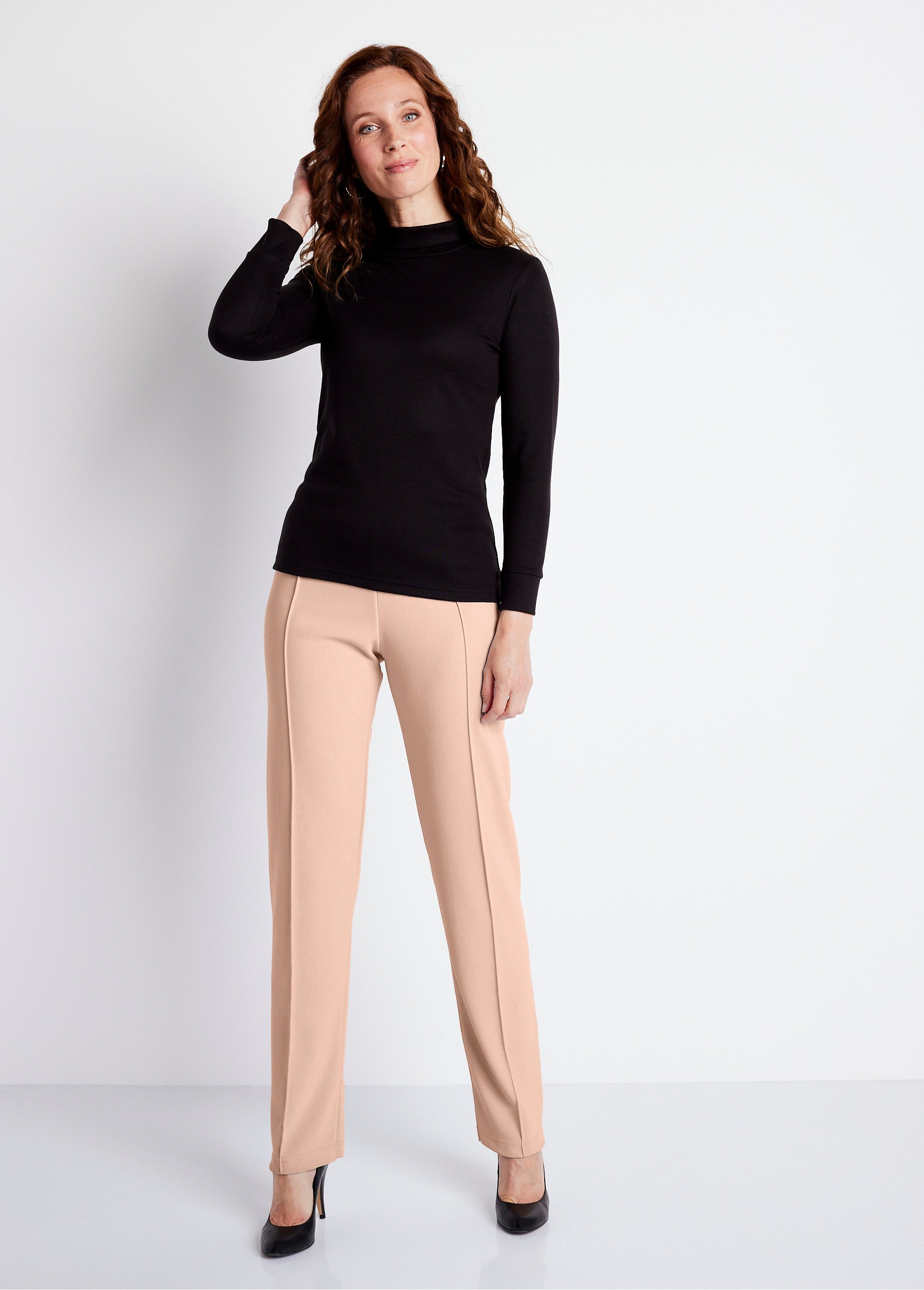 Pantalon droit taille élastiquée maille côtelée Femme Beige NORVIL-EXP SF1