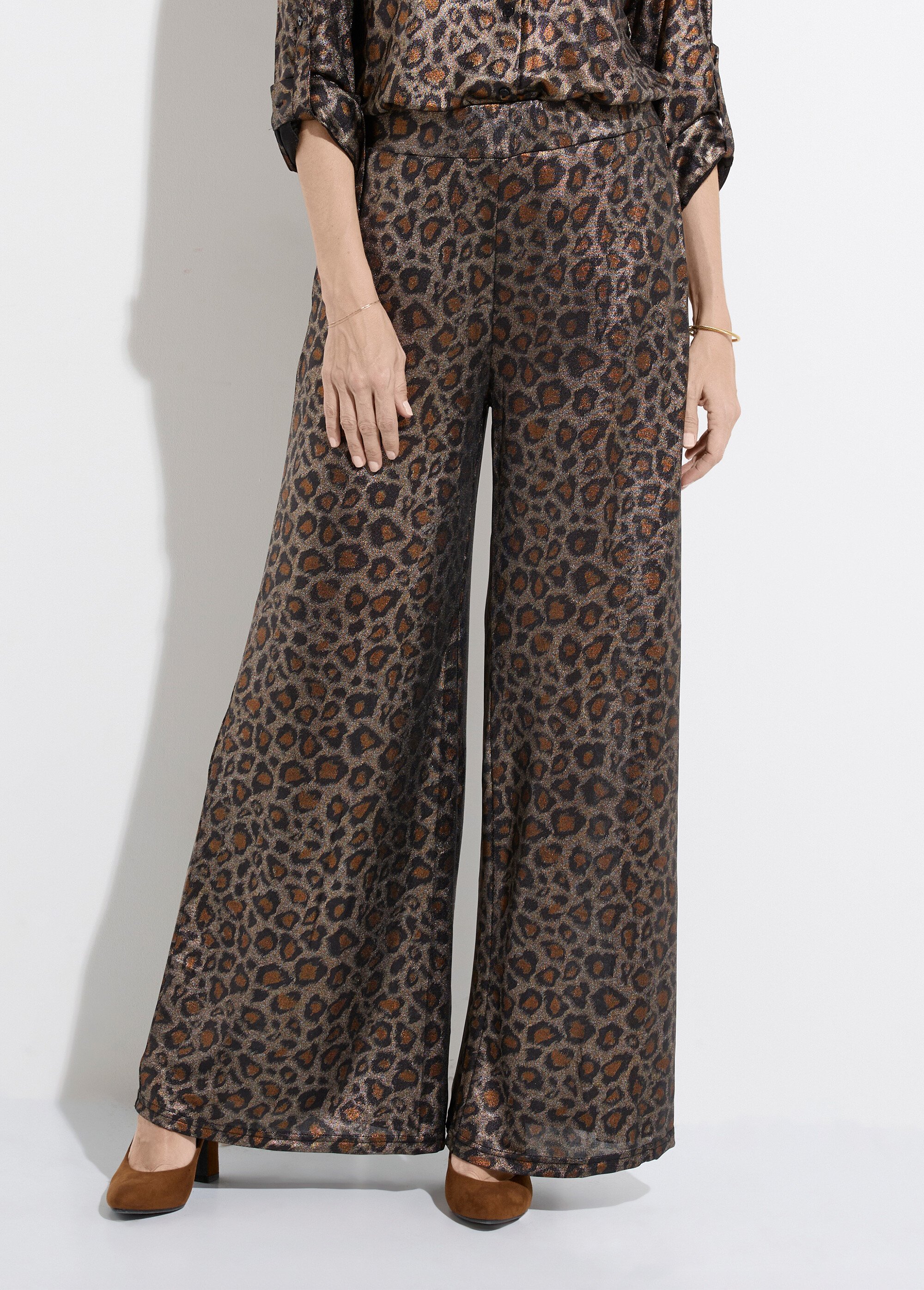 Pantalon maille souple léopard métallisé Femme Marron JS-1291 FA1