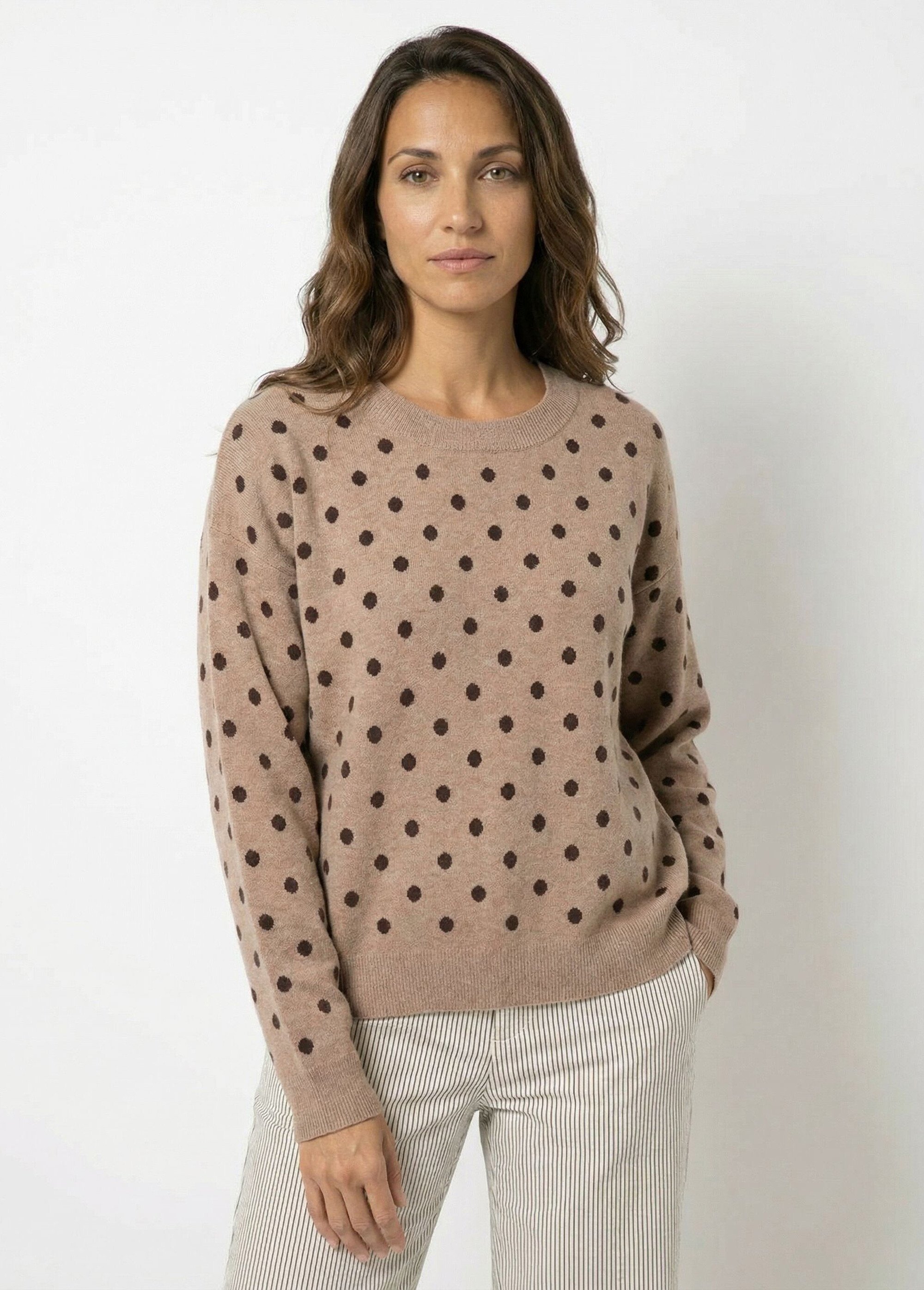 Pull à pois col rond, maille jacquard Femme Marron IA-AR1023 FA1