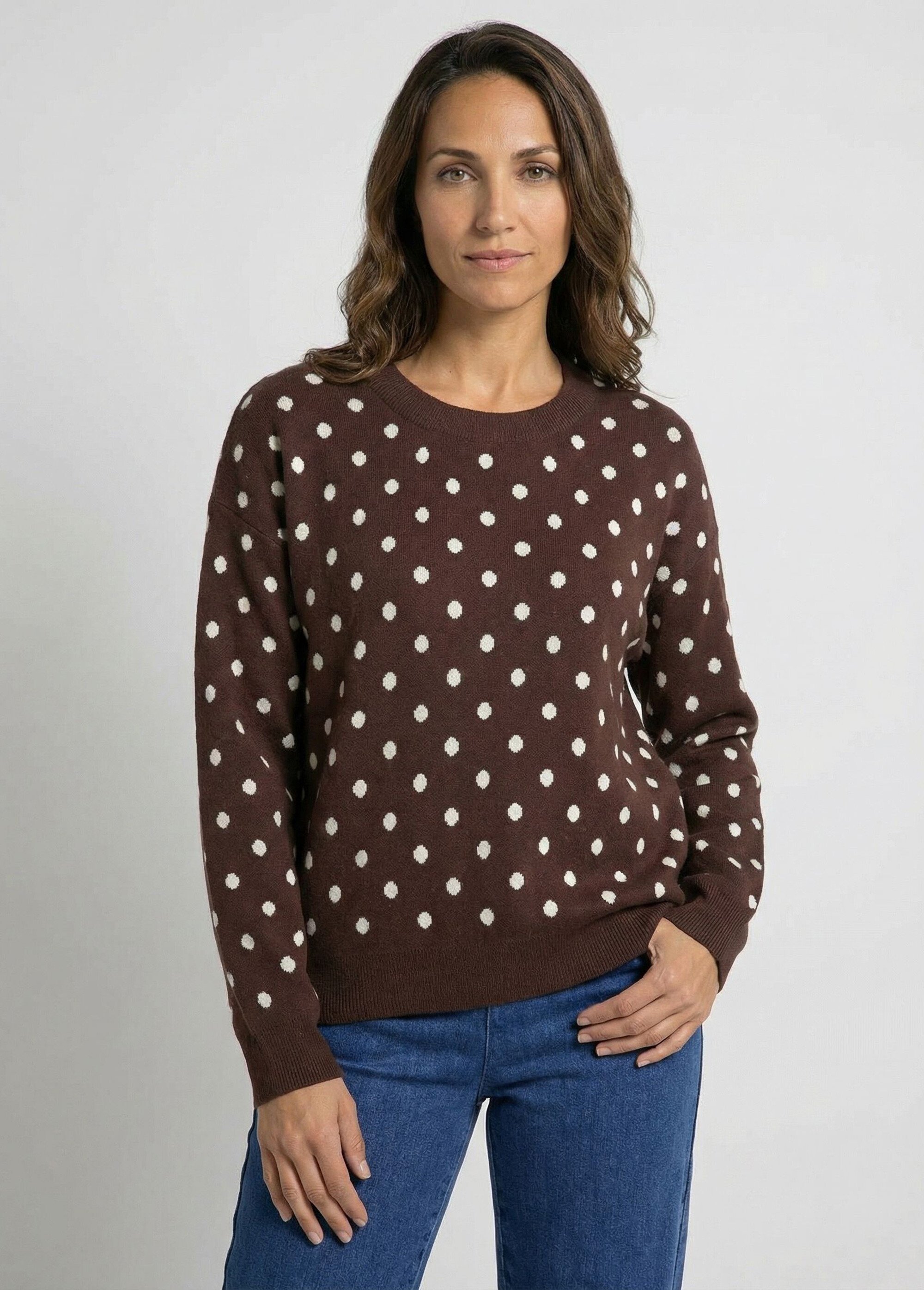 Pull à pois col rond, maille jacquard Femme Marron IA-AR1023 FA1