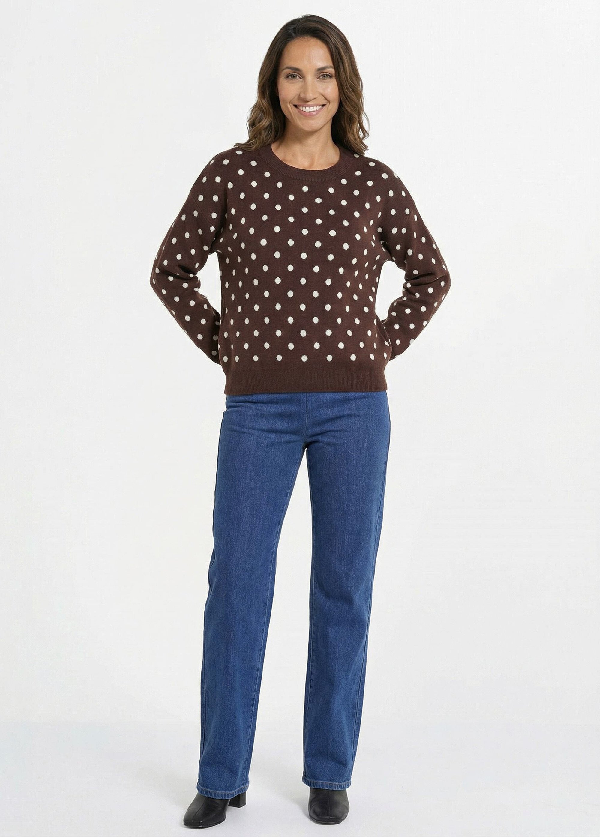 Pull à pois col rond, maille jacquard Femme Marron IA-AR1023 SF1