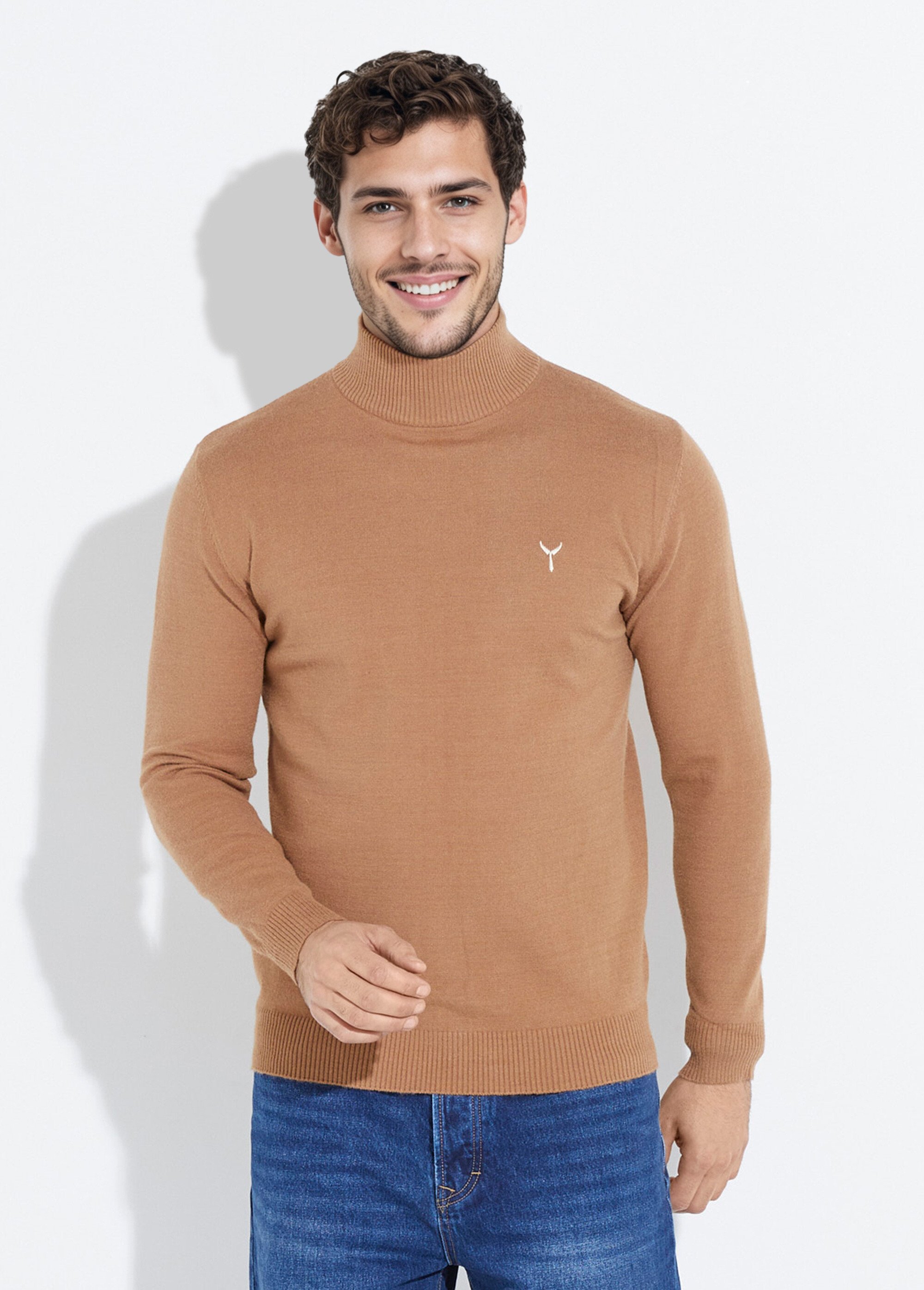 Pull col montant toucher cachemire Homme Marron YVES6735Y FA1