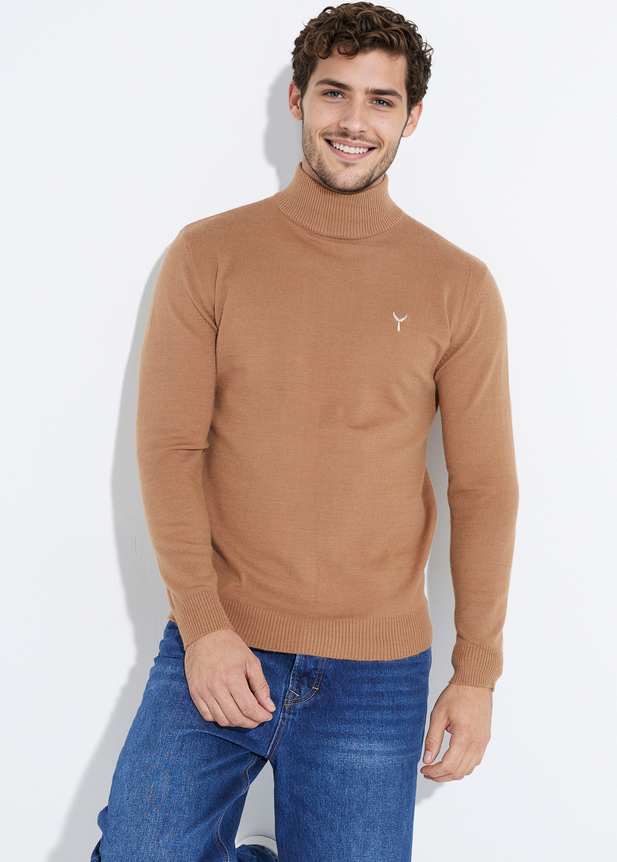 Pull col montant toucher cachemire Homme Marron YVES6735Y MV1