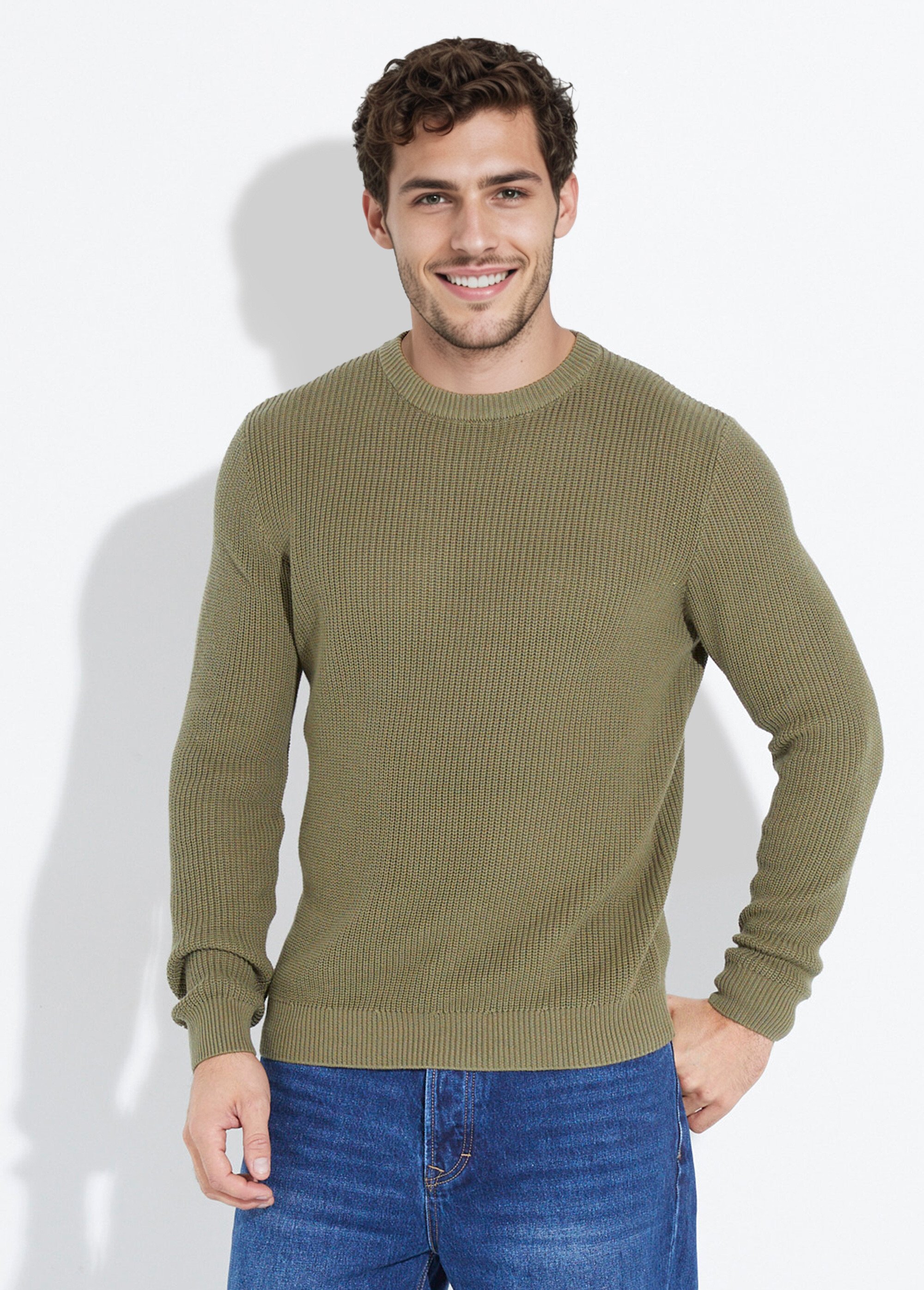 Pull col rond maille torsadée pur coton Homme Vert YVE8019 FA1