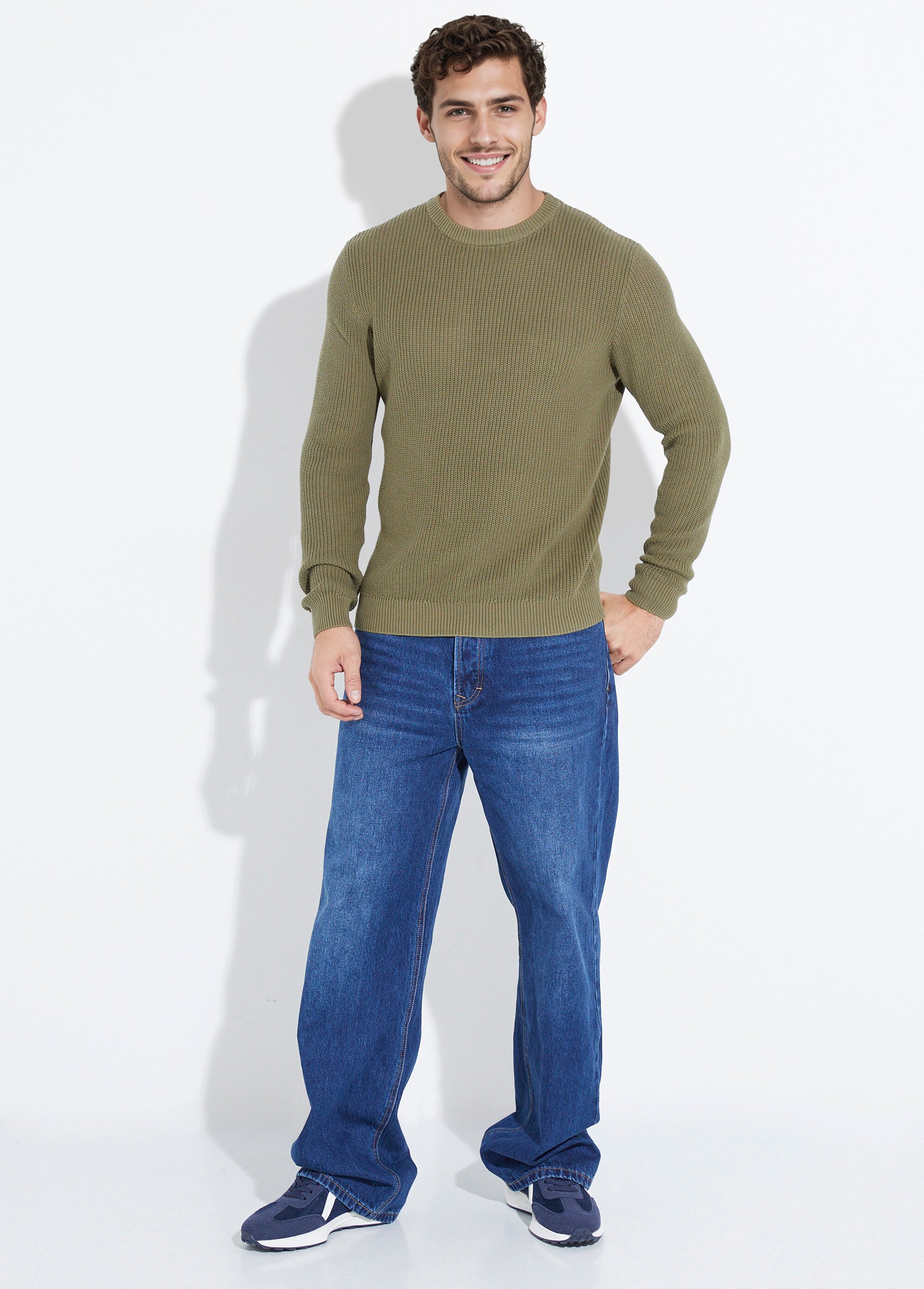 Pull col rond maille torsadée pur coton Homme Vert YVE8019 SF1