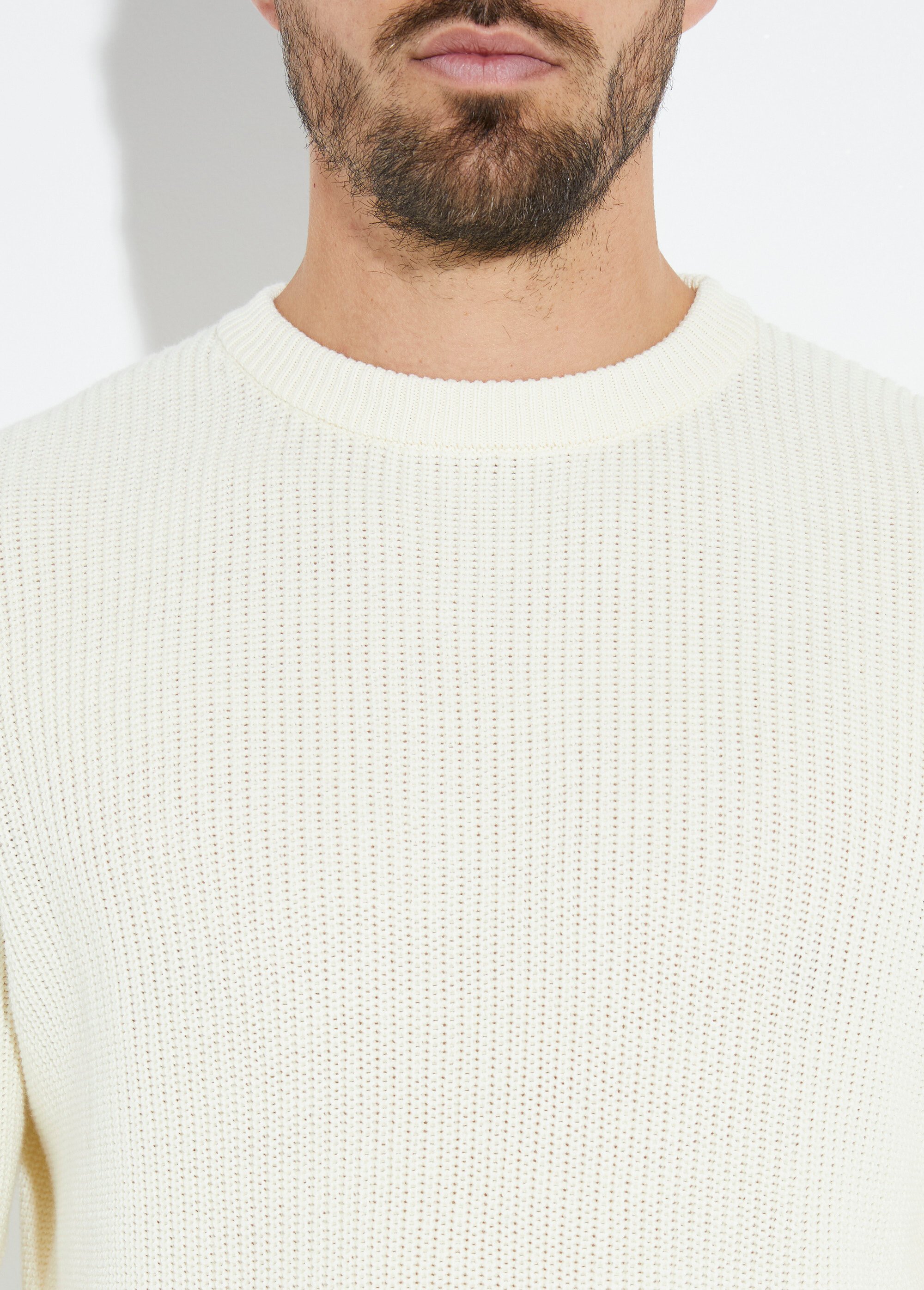 Pull col rond maille torsadée pur coton Homme Beige YVE8019 DE1