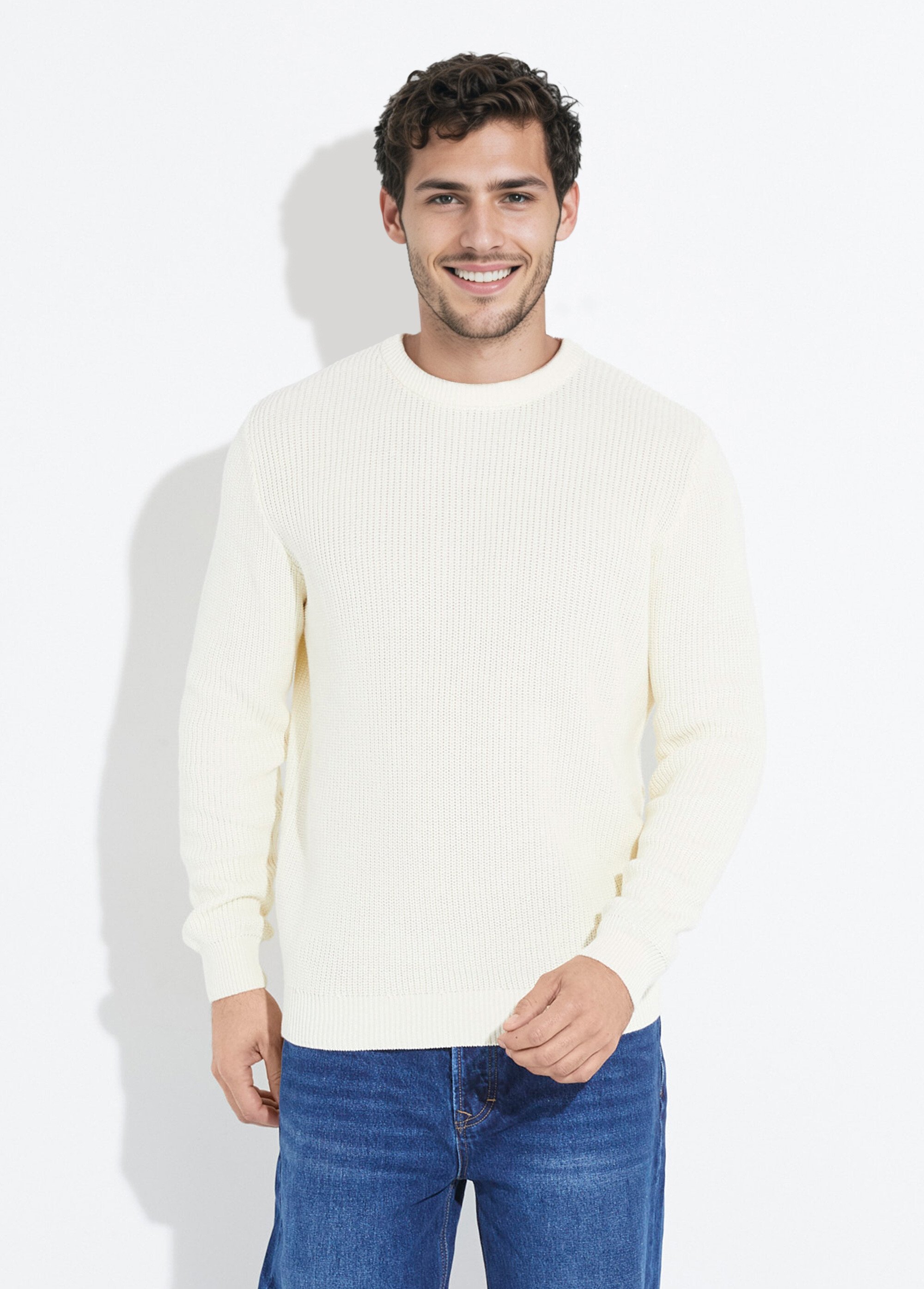 Pull col rond maille torsadée pur coton Homme Beige YVE8019 FA1