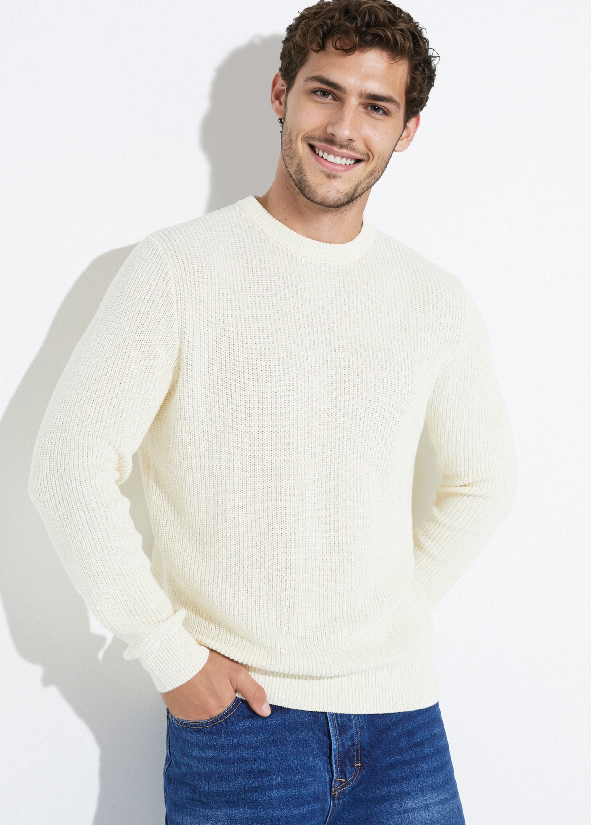 Pull col rond maille torsadée pur coton Homme Beige YVE8019 MV1