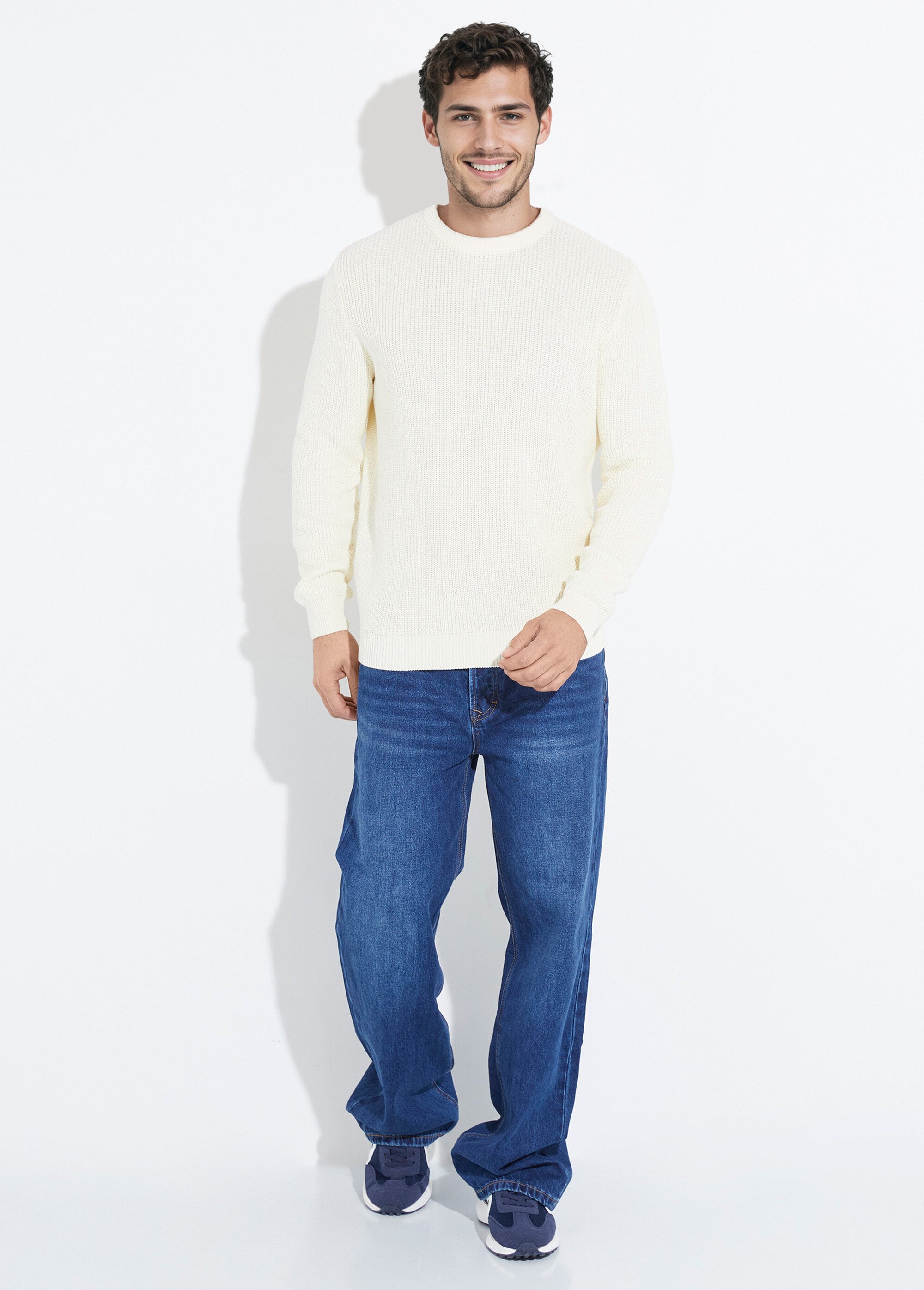 Pull col rond maille torsadée pur coton Homme Beige YVE8019 SF1