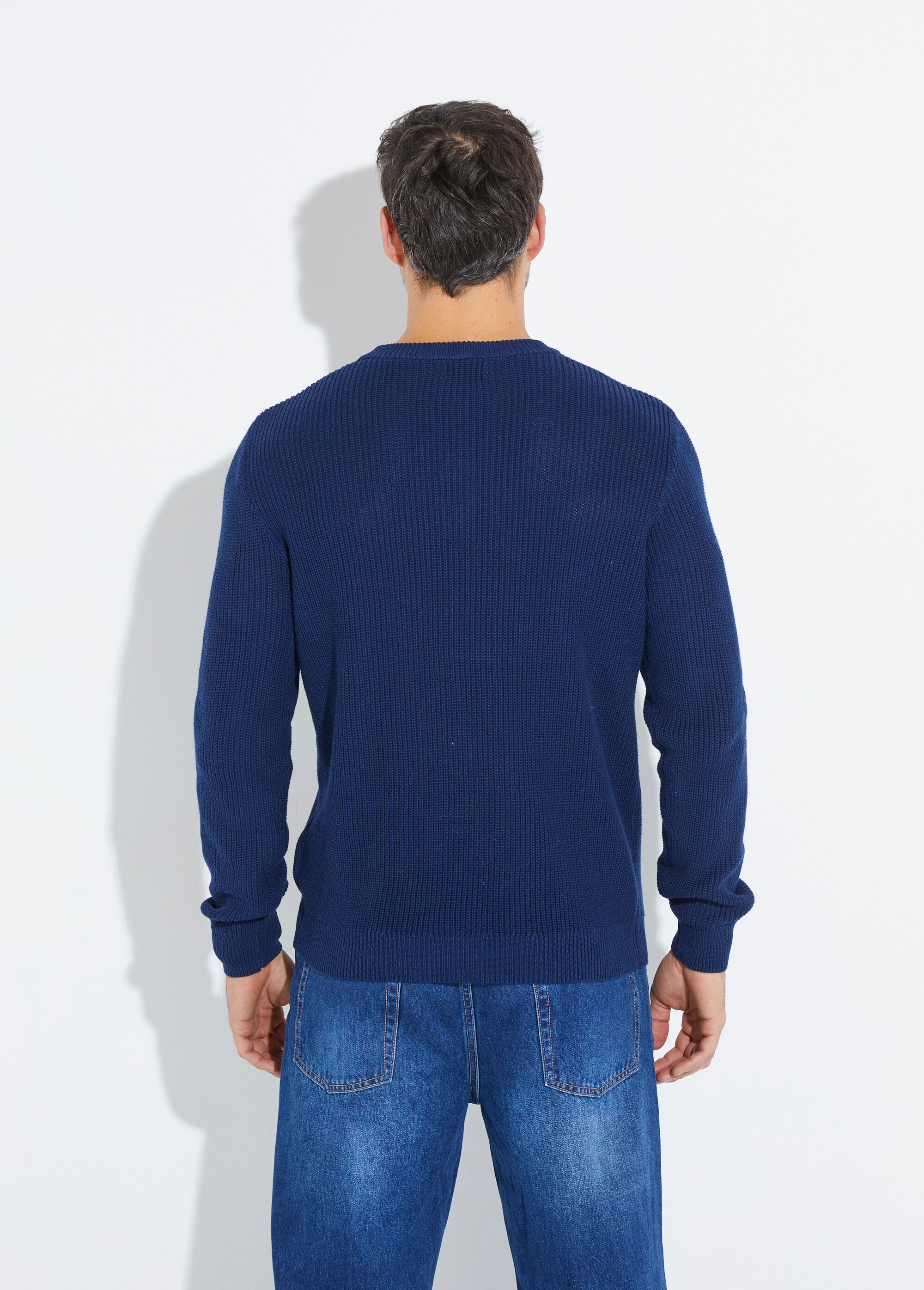 Pull col rond maille torsadée pur coton Homme Bleu YVE8019 DO1
