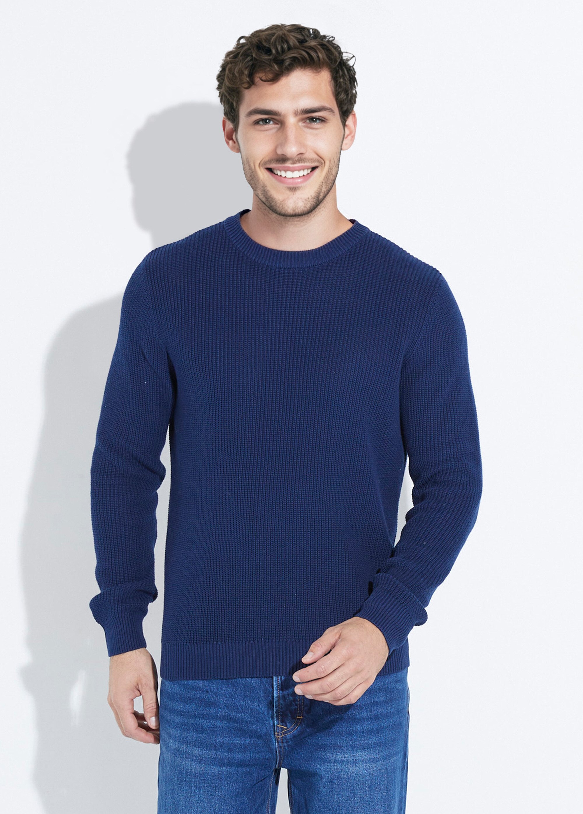 Pull col rond maille torsadée pur coton Homme Bleu YVE8019 FA1