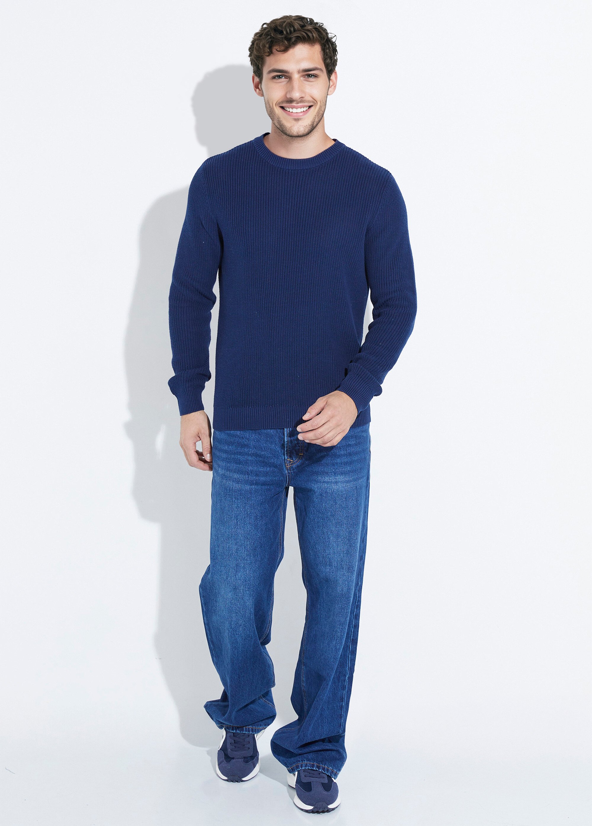 Pull col rond maille torsadée pur coton Homme Bleu YVE8019 SF1