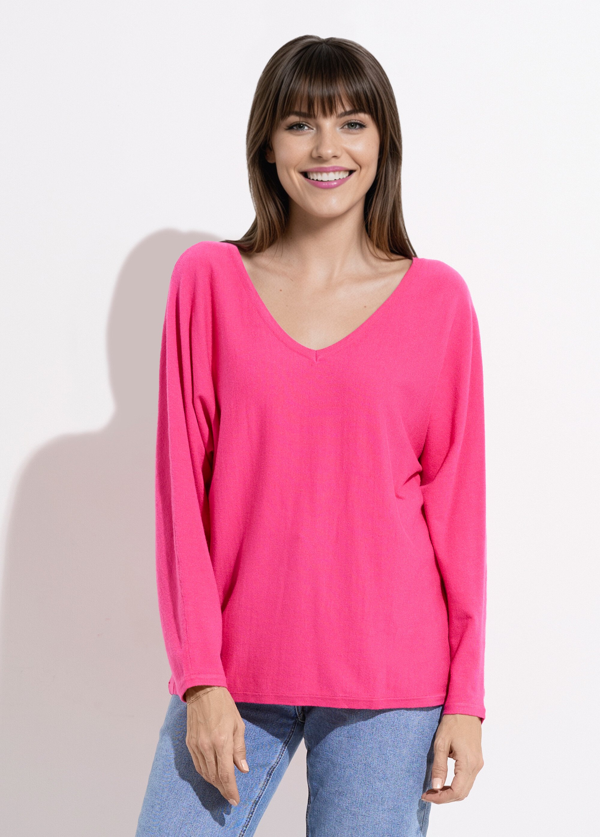 Pull col V maille fine éco-responsable Femme Rose JS-JP-6712 FA1