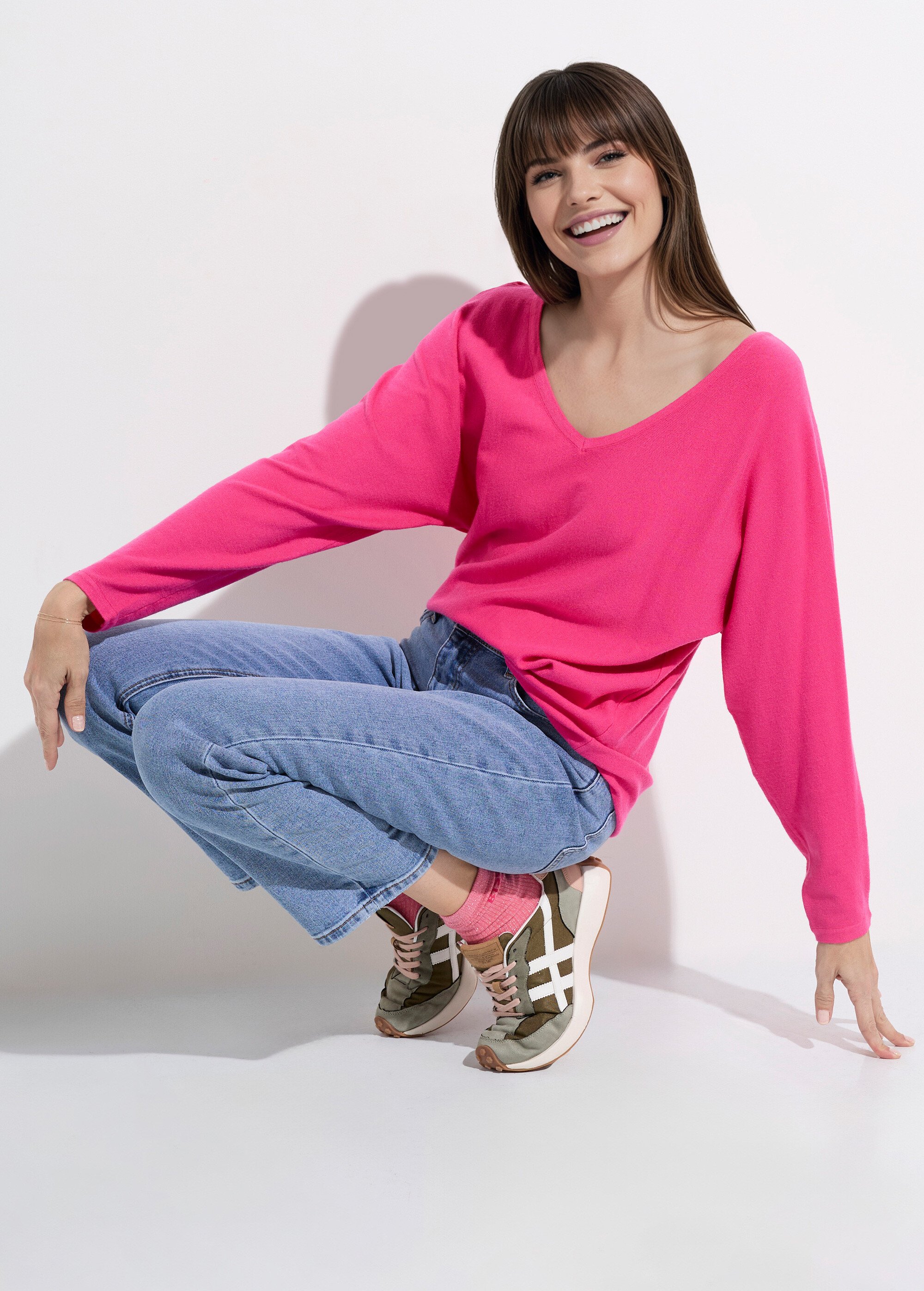 Pull col V maille fine éco-responsable Femme Rose JS-JP-6712 MV1