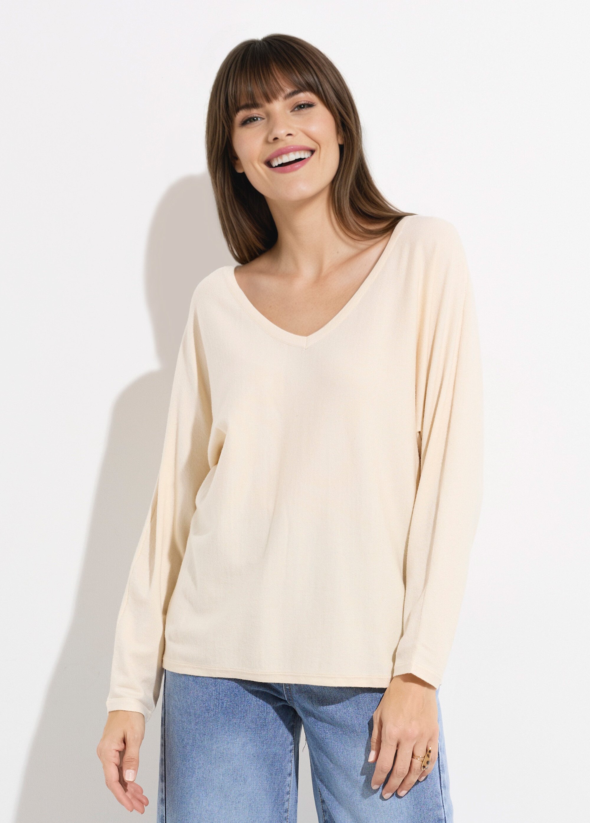 Pull col V maille fine éco-responsable Femme Beige JS-JP-6712 FA1