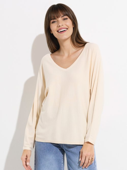 Pull col V maille fine éco-responsable Femme Beige JS-JP-6712 FA1