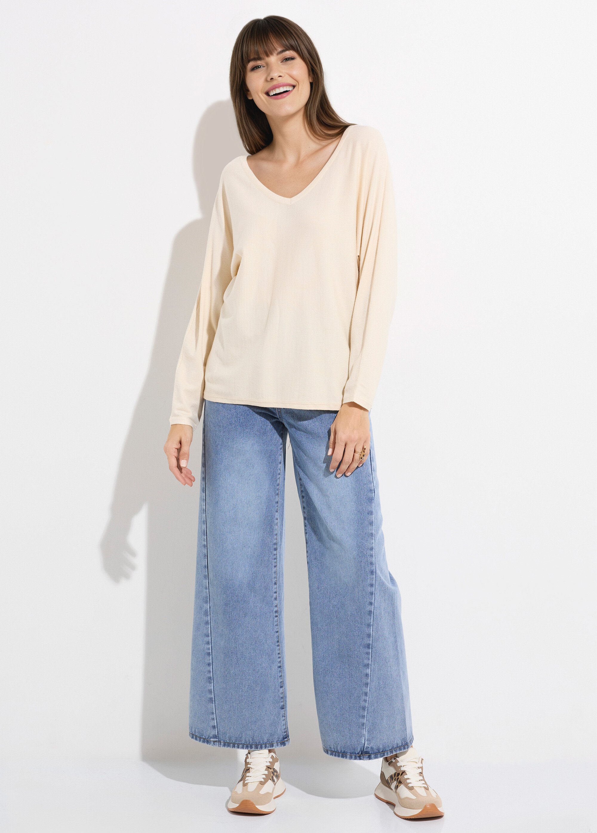 Pull col V maille fine éco-responsable Femme Beige JS-JP-6712 SF1