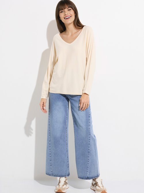 Pull col V maille fine éco-responsable Femme Beige JS-JP-6712 SF1