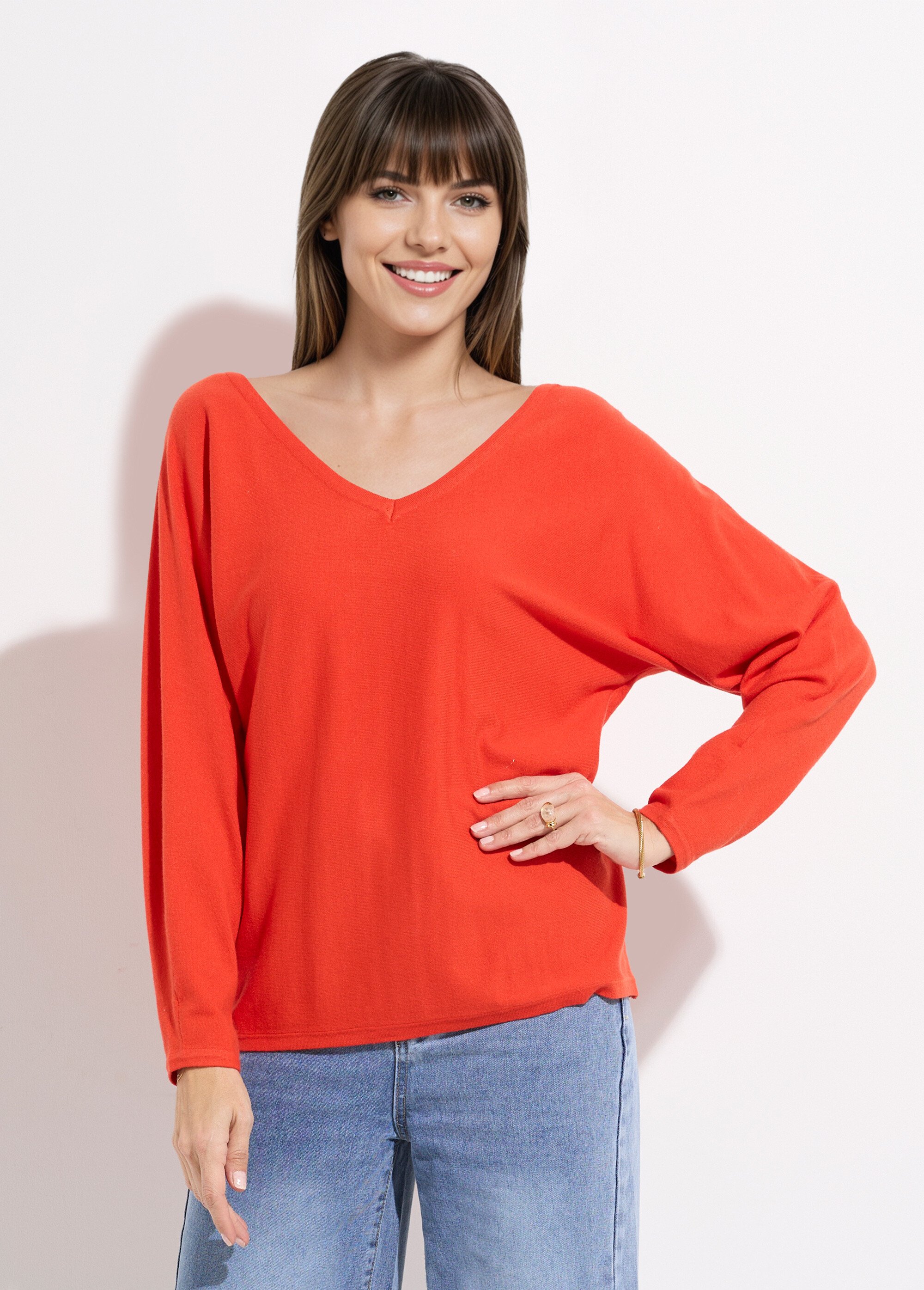 Pull col V maille fine éco-responsable Femme Rouge JS-JP-6712 FA1
