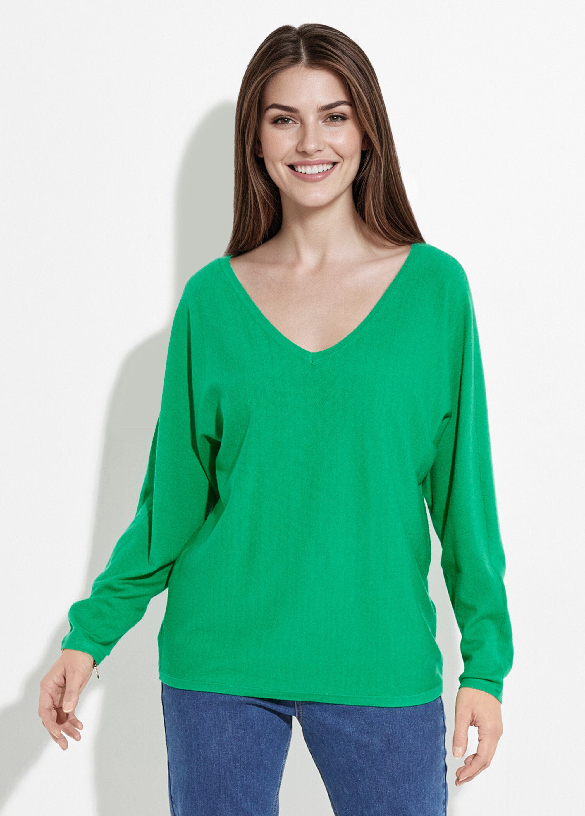 Pull col V maille fine éco-responsable Femme Vert JS-JP-6712 FA1