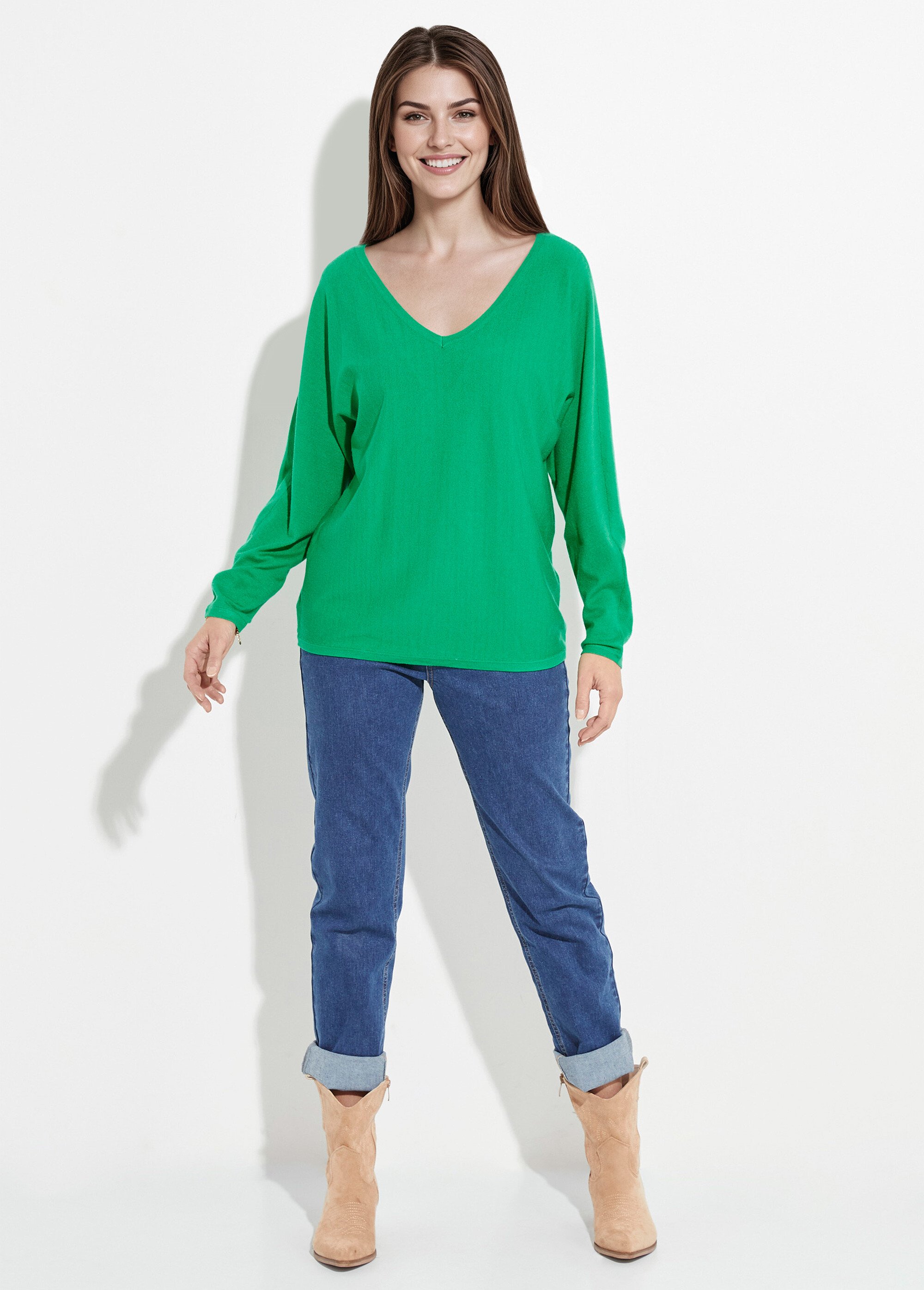 Pull col V maille fine éco-responsable Femme Vert JS-JP-6712 SF1